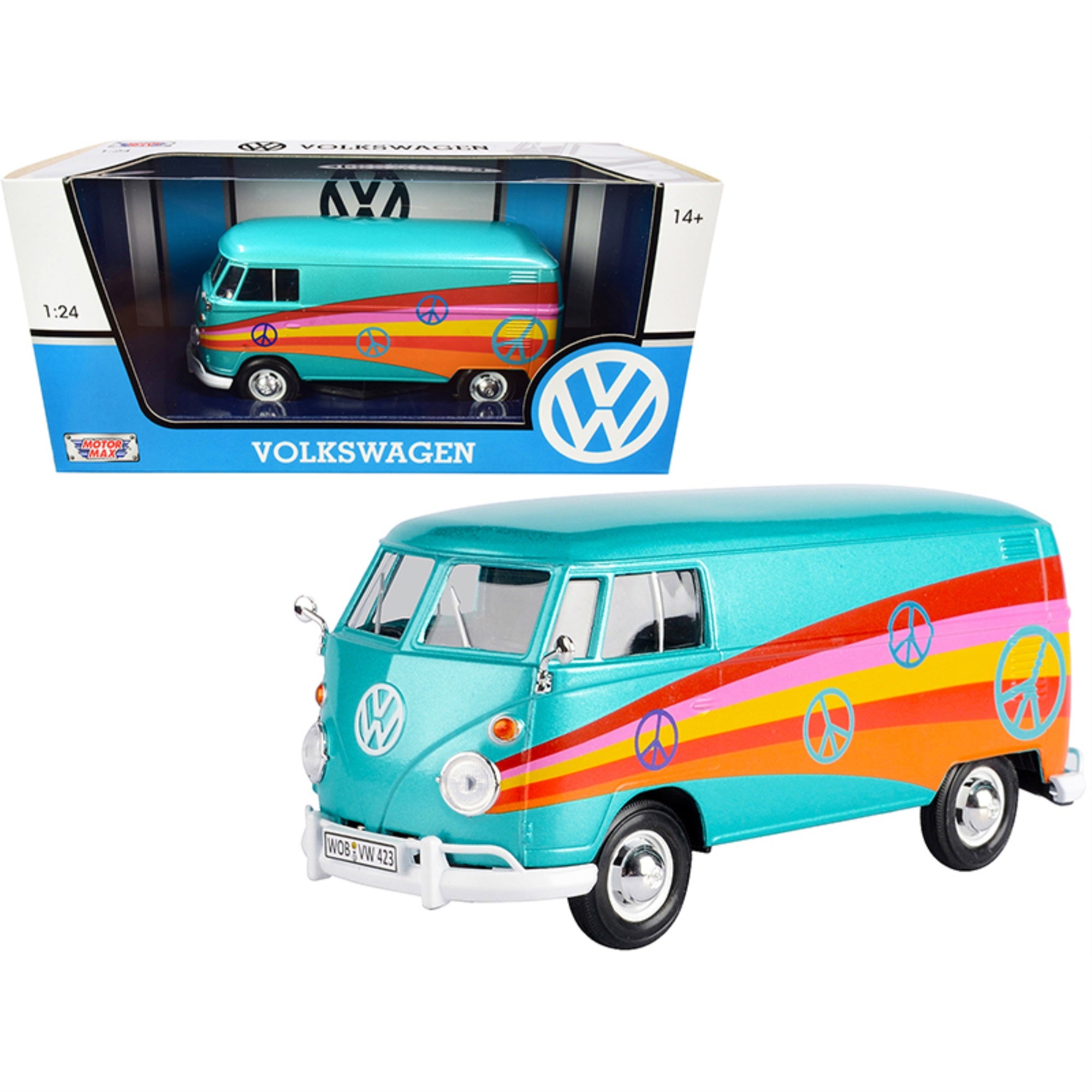 Volkswagen Type 2 (T1) Delivery Van 'Peace' Turquoise Metallic 1/24 Diecast Model Car By Motormax