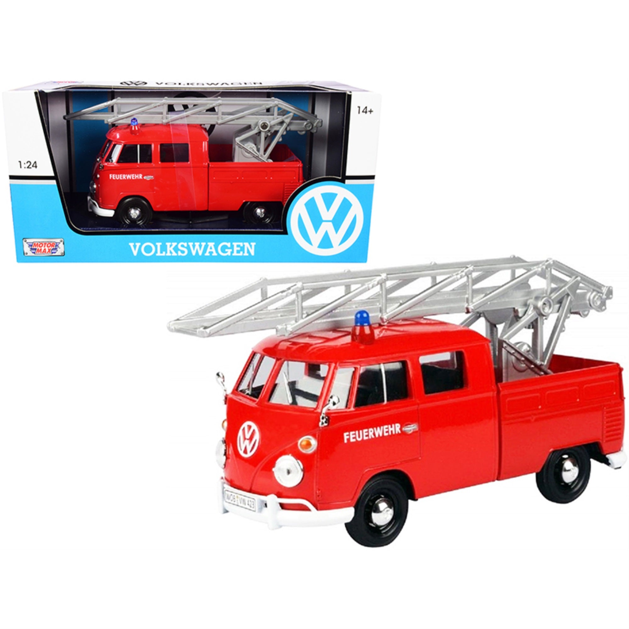 Volkswagen Type 2 (T1) Fire Truck With Aerial Ladder 'Feuerwehr' Red 1/24 Diecast Model Car By Motormax