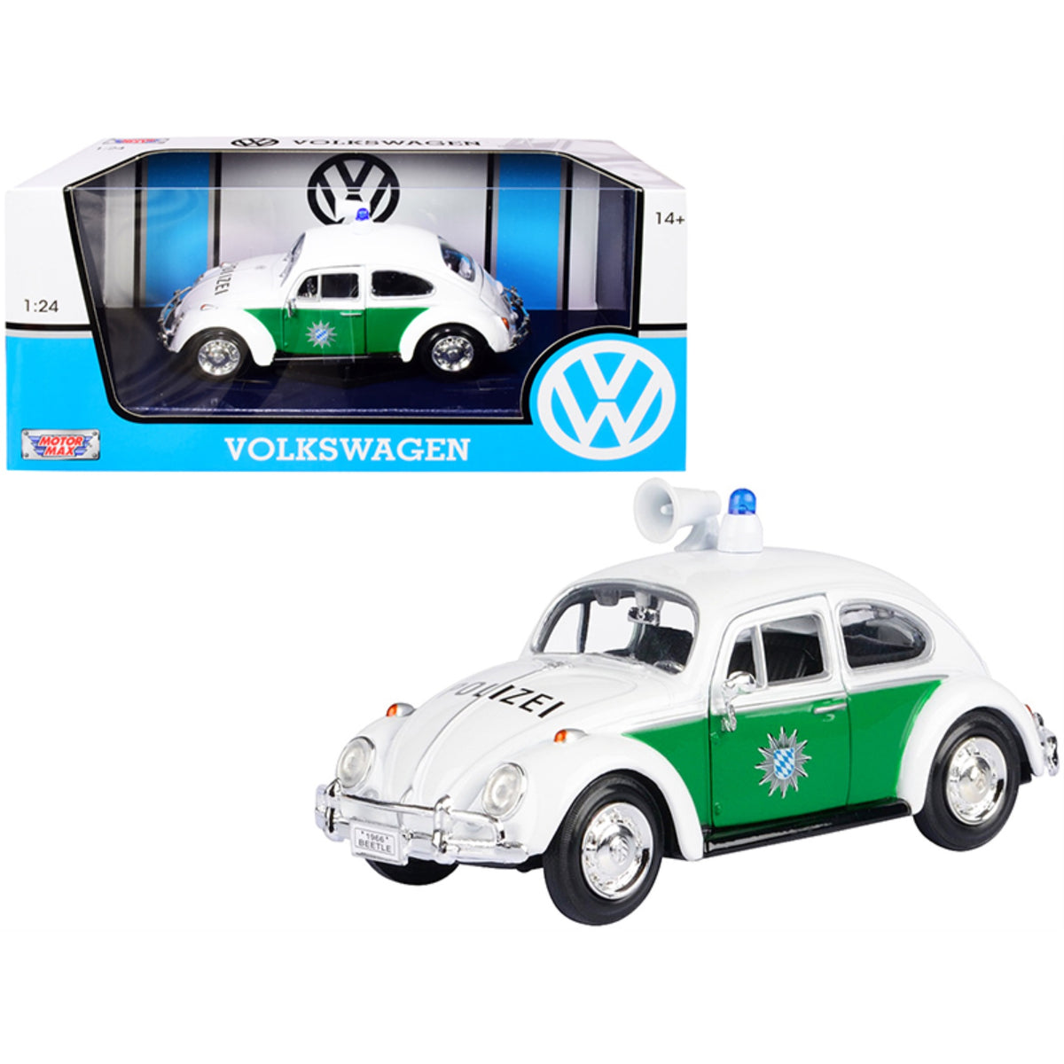 1966 Volkswagen Beetle German Police Car White And Green 1/24 Diecast Model Car By Motormax