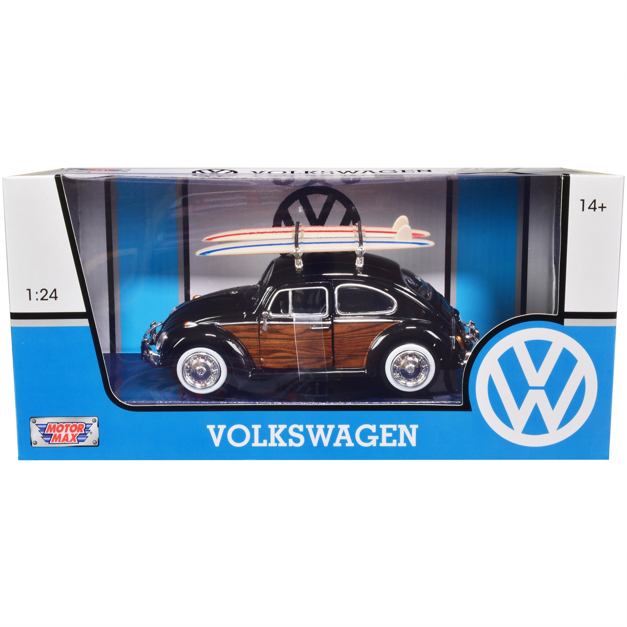 1966 Volkswagen Beetle Black With Wood Panels And Two Surfboards On Roof Rack 1/24 Diecast Model Car By Motormax