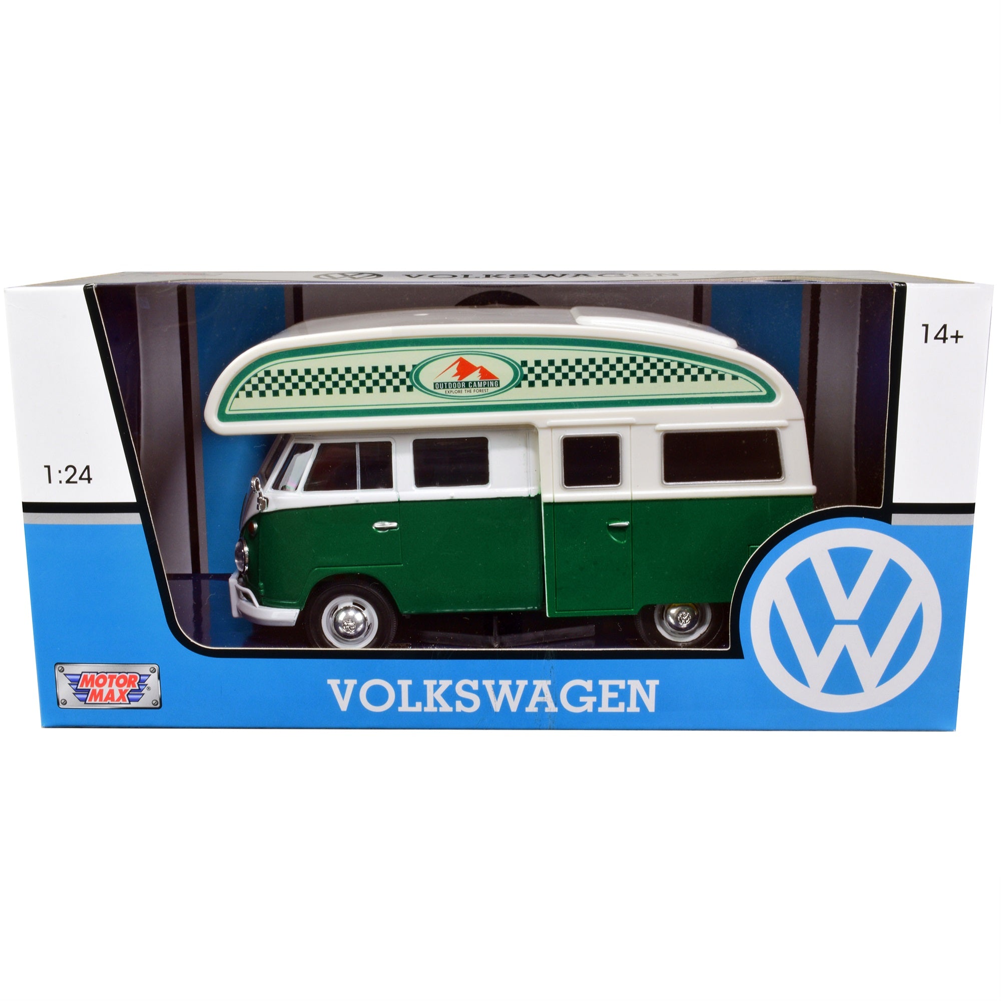 Volkswagen Type 2 (T1) Camper Van Green And White 'Outdoor Camping Explore The Forest' 1/24 Diecast Model Car By Motormax