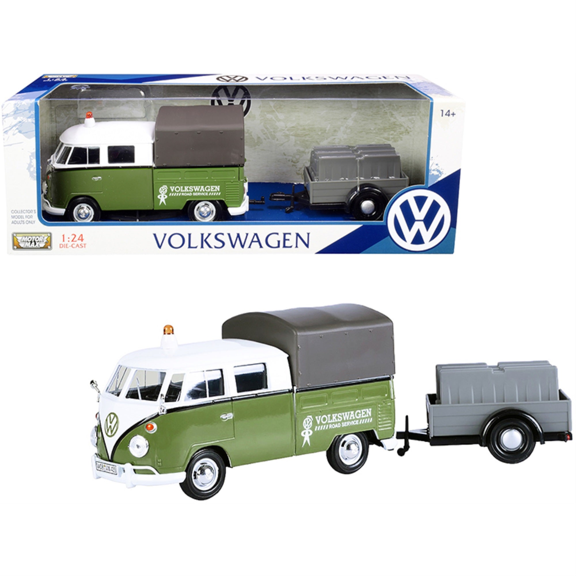Volkswagen T1 Pickup With Canopy Green And White With Trailer 'Road Service' 1/24 Diecast Model Car By Motormax