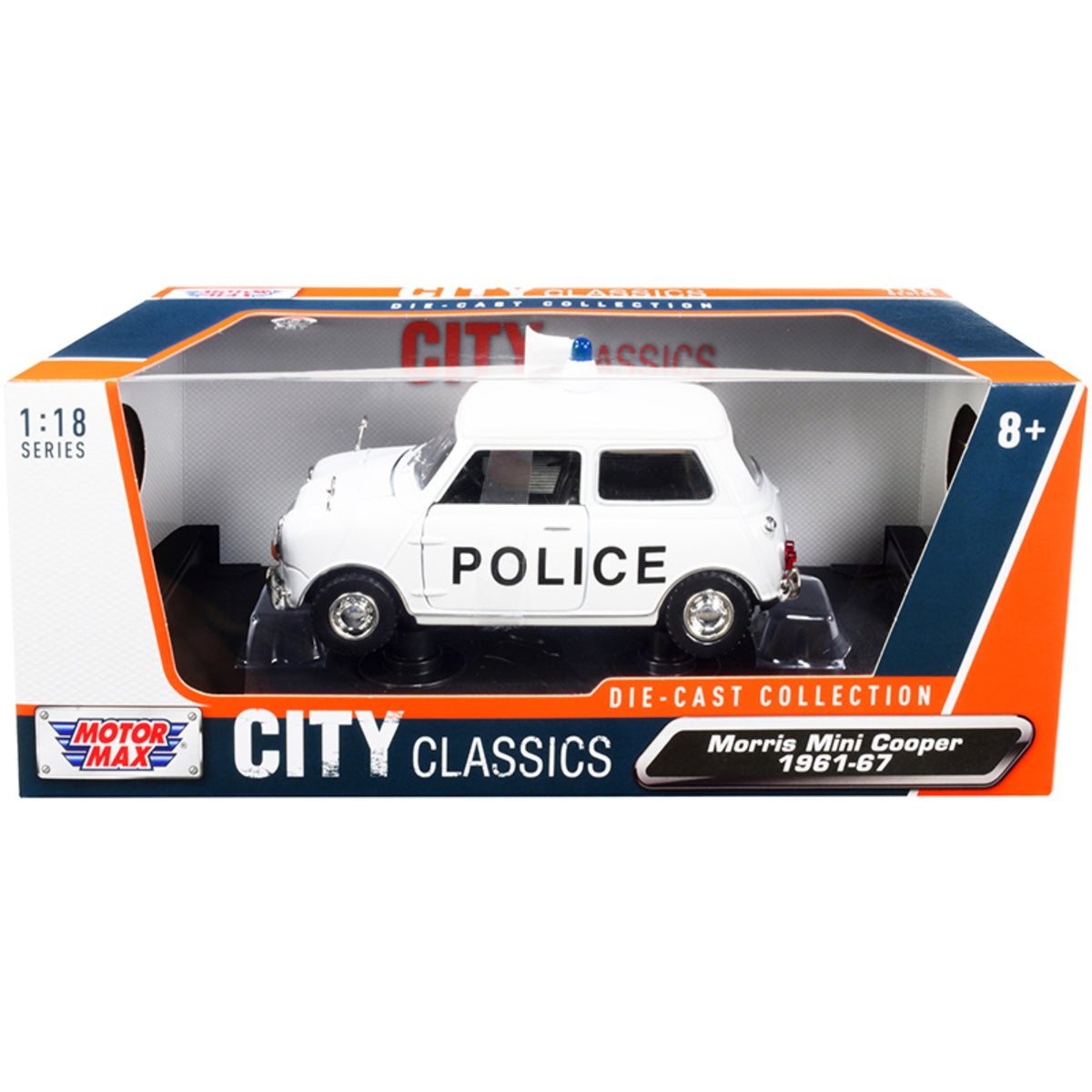 1961-1967 Morris Mini Cooper Rhd (Right Hand Drive) 'Police' White 'City Classics' Series 1/18 Diecast Model Car By Motormax