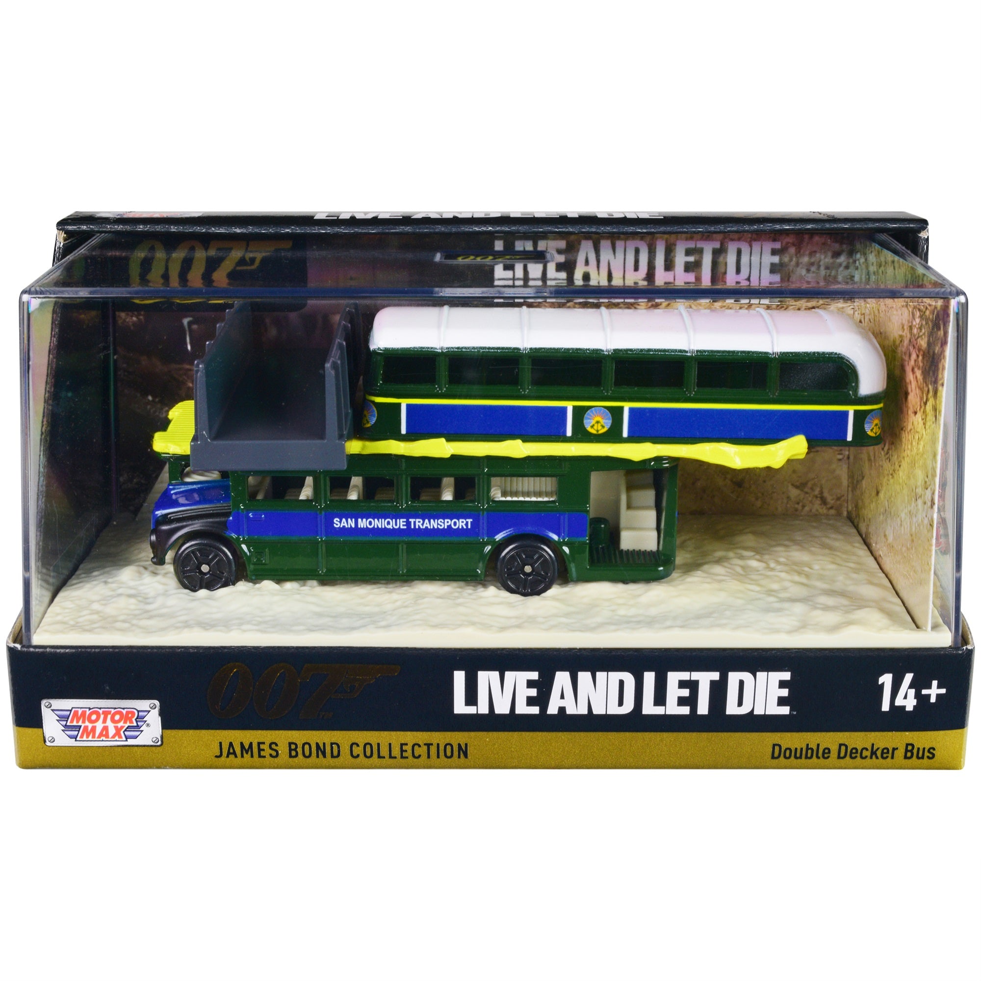 Double Decker Bus 'San Monique Transport' 'Hitting Bridge Scene' James  007 'Live And Let Die' (1973) Movie With Display 'James  Collection' Series Diecast Model By Motormax