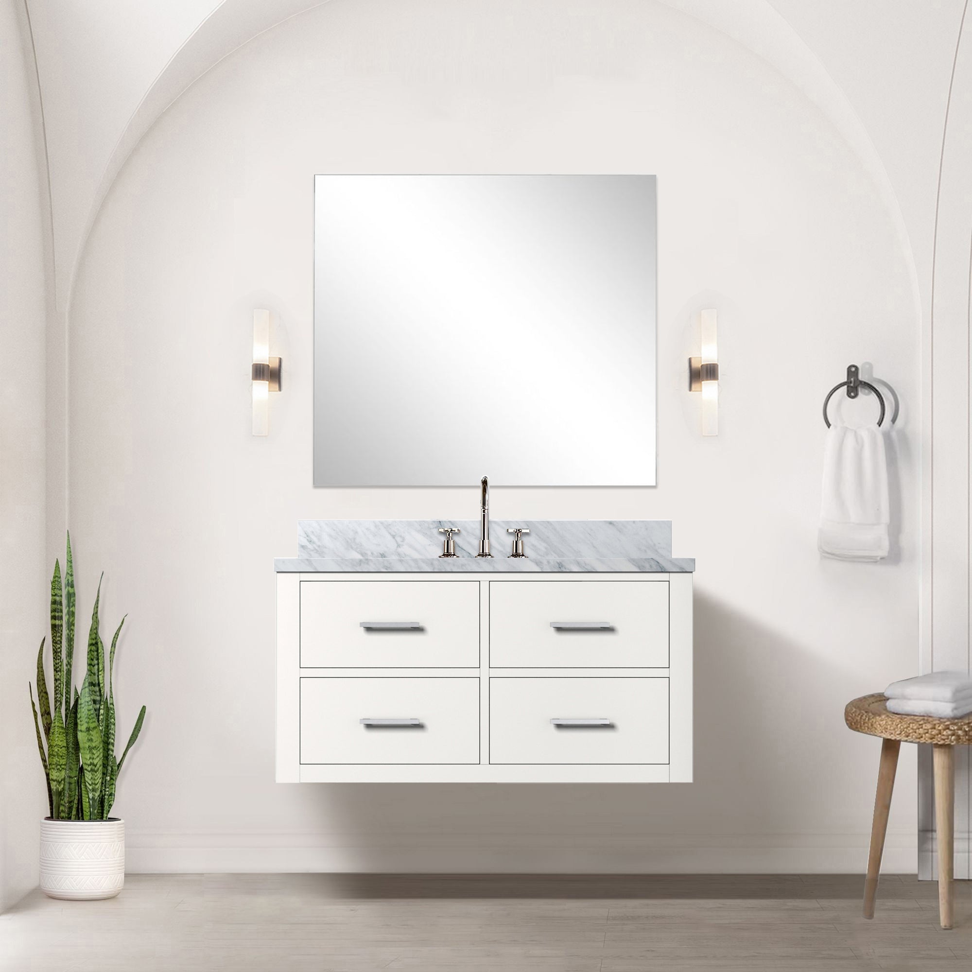 White Single Bath Vanity 36 in. W x 22 in. D, Carrara Marble Top, and Faucet Set