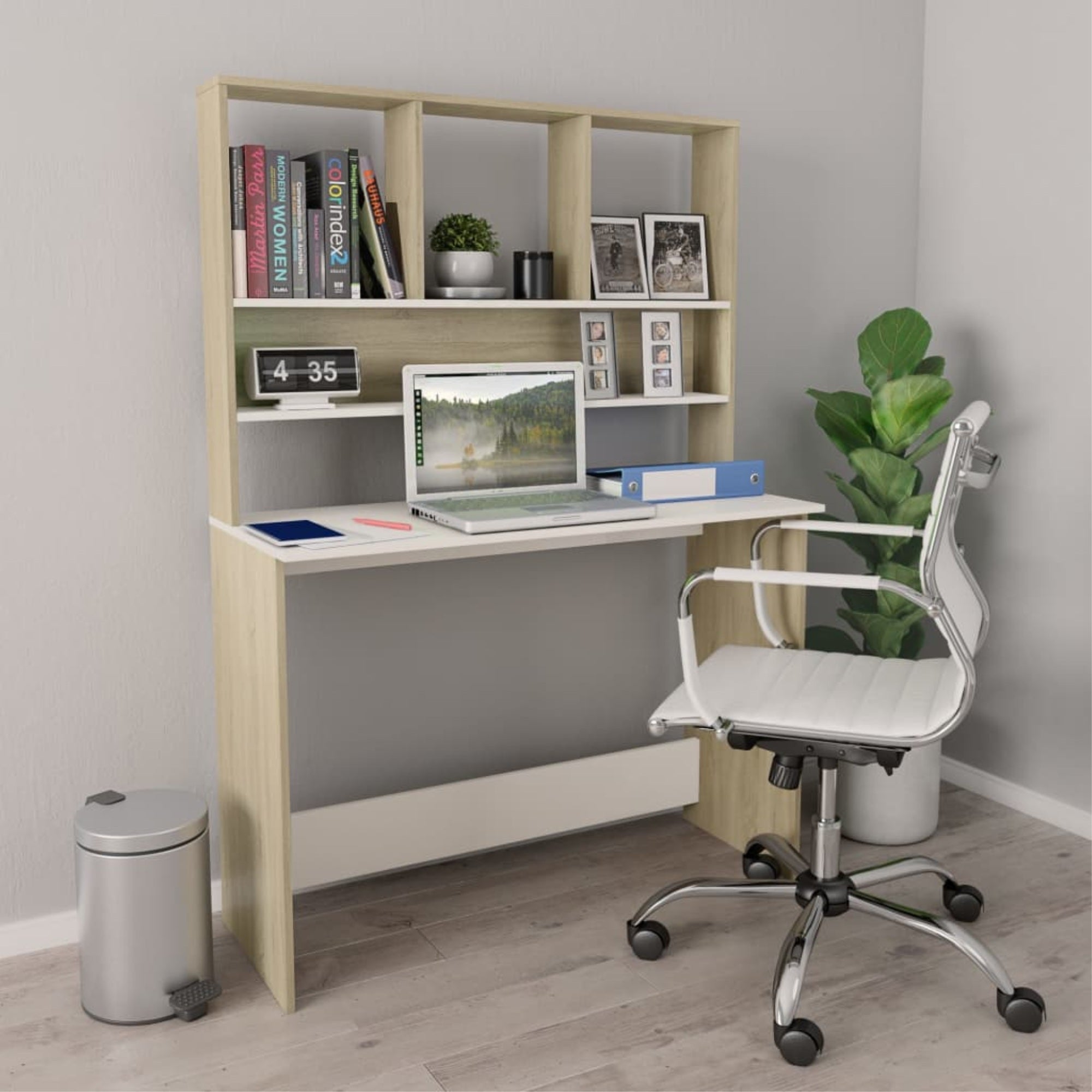 Vidaxl Desk With Shelves White And Sonoma Oak 43.3'X17.7'X61.8' Chipboard