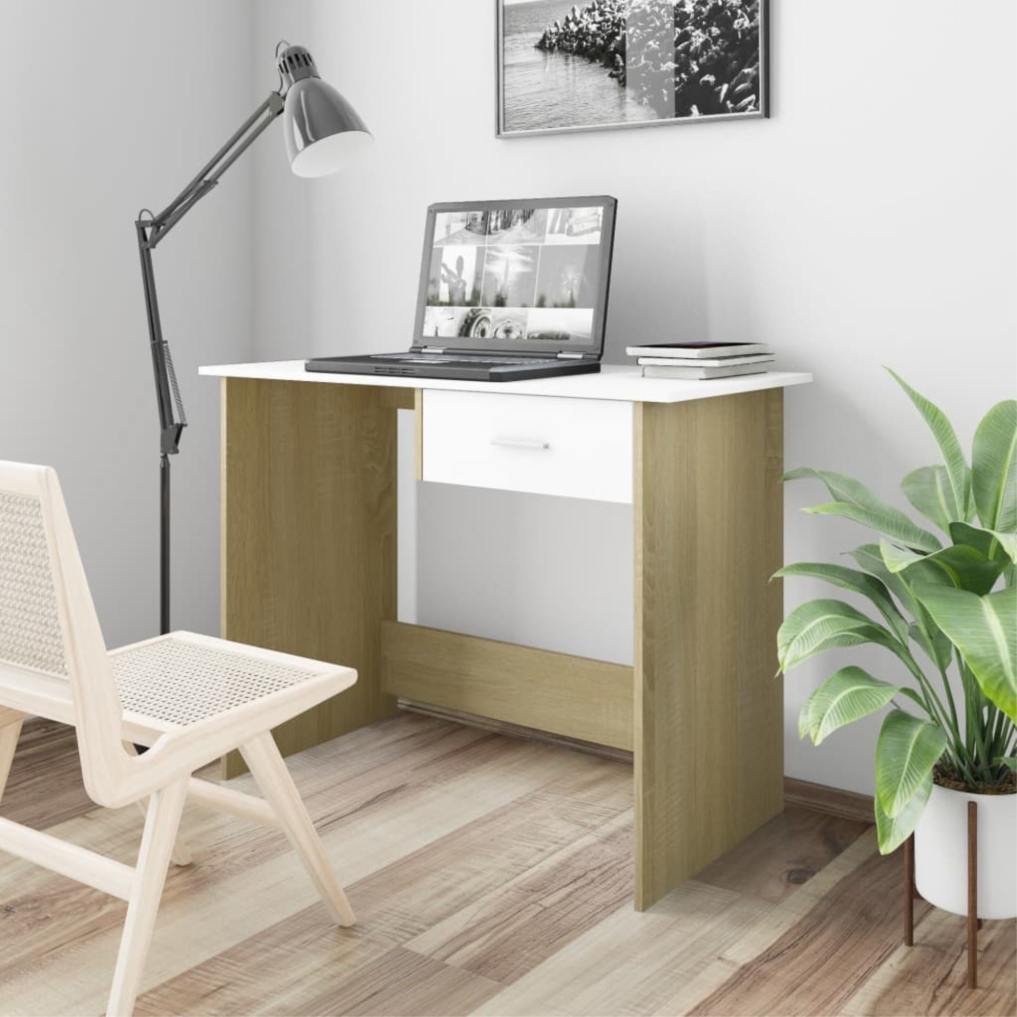 Vidaxl Desk White And Sonoma Oak 39.4'X19.7'X29.9' Chipboard