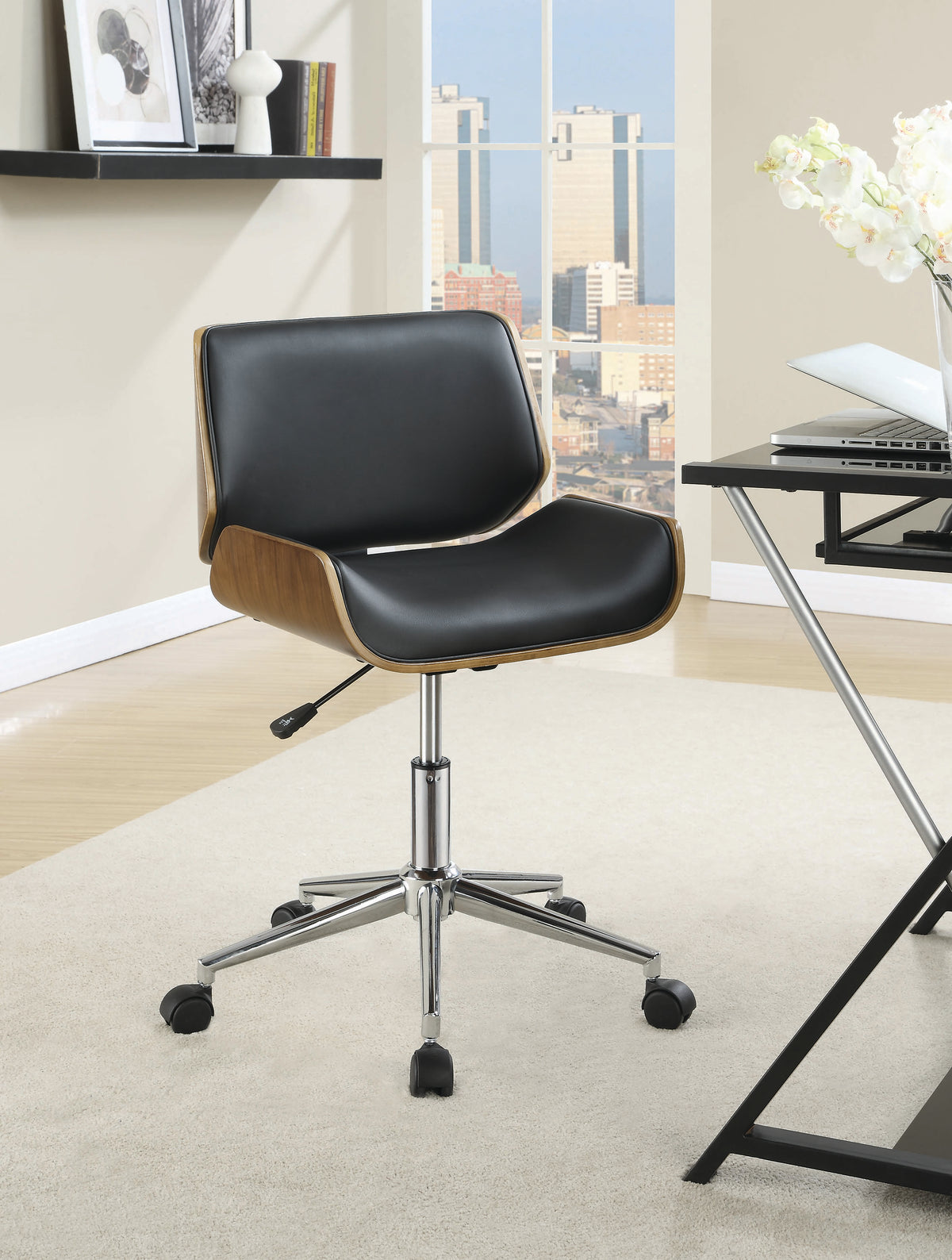 Casafoyer Stylish Black Office Chair-Mid-Century Modern Design, Adjustable Height, Supportive Cushioning-Perfect For Creative Or Hands-On Work-Metal, Leather, Wood-Walnut And Chrome Finish-300 Lbs
