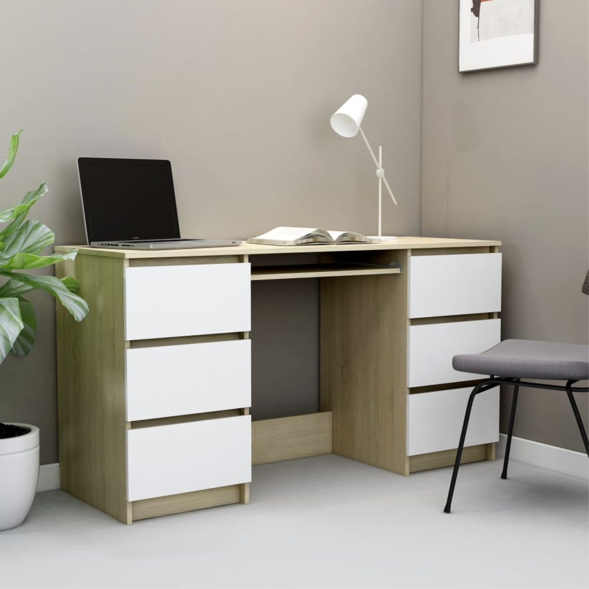 Vidaxl Writing Desk White And Sonoma Oak 55.1'X19.7'X30.3' Chipboard