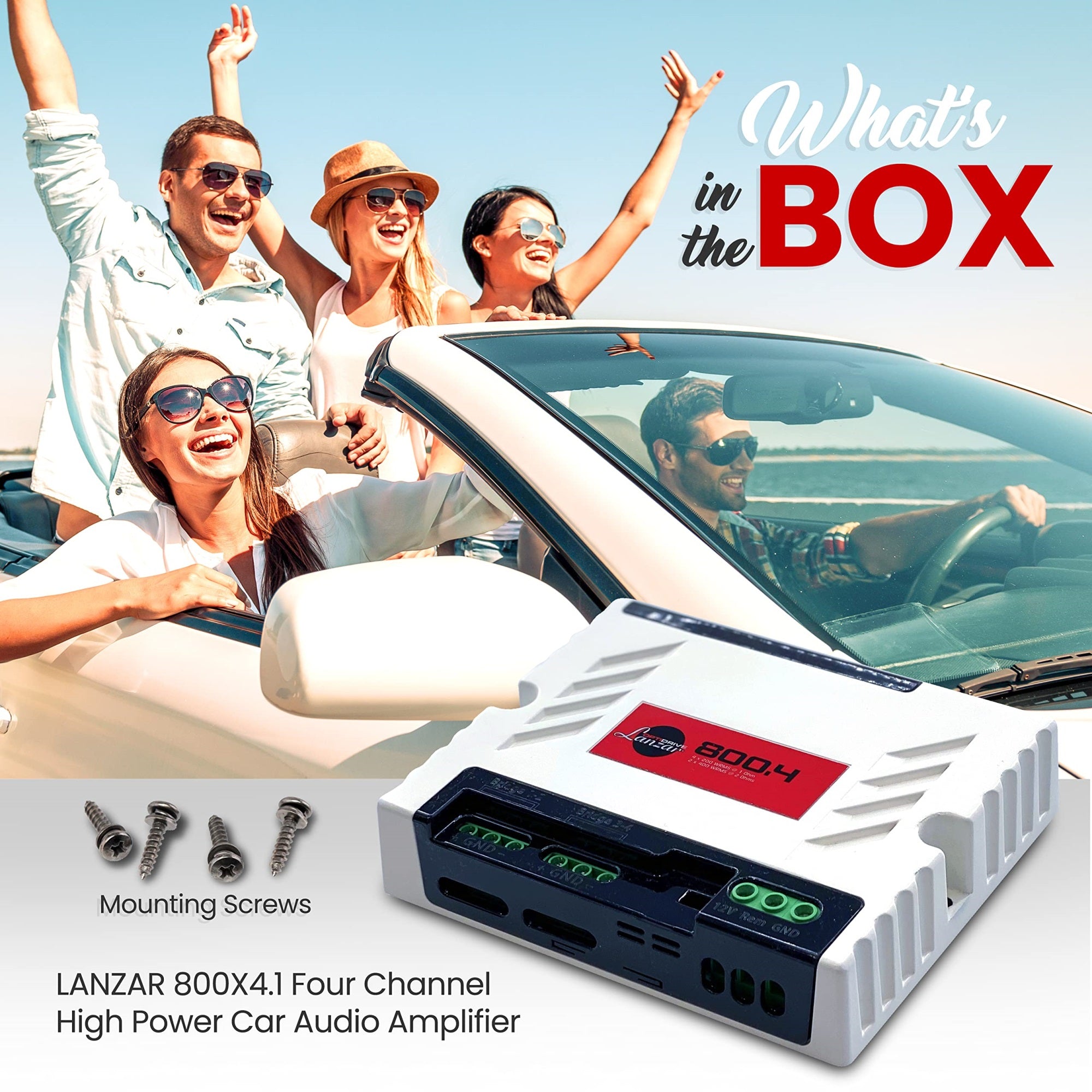 Four Channel High Power Car Audio Amplifier W/Adjustable High & Low Pass Filters Stable To 1 Ohm White/Red Label