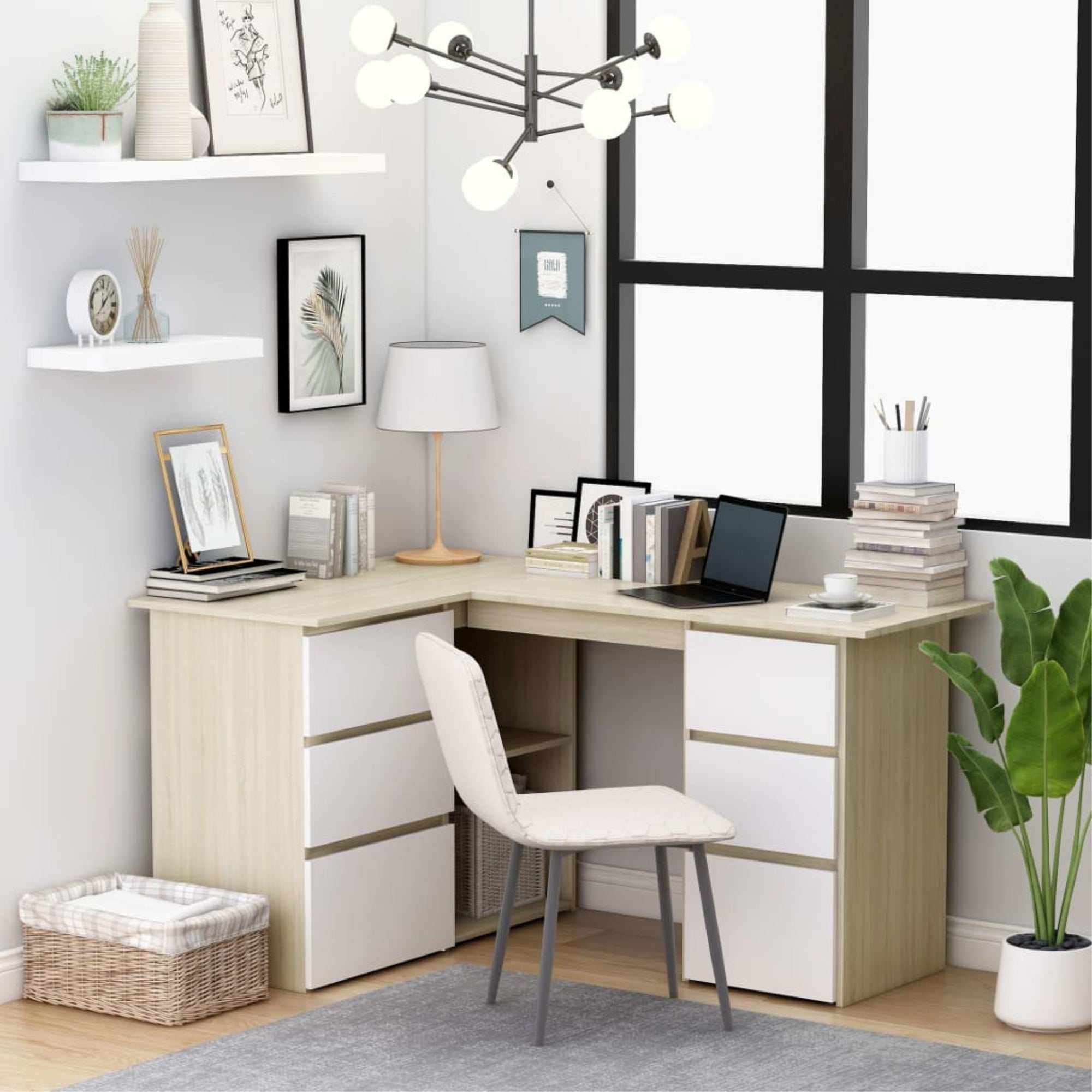 Vidaxl Corner Desk White And Sonoma Oak 57.1'X39.4'X29.9' Chipboard