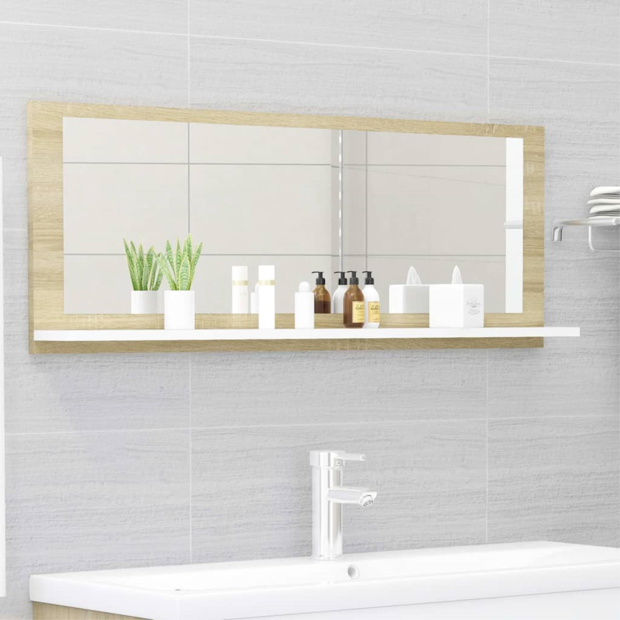 Vidaxl Bathroom Mirror White And Sonoma Oak 39.4'X4.1'X14.6' Chipboard