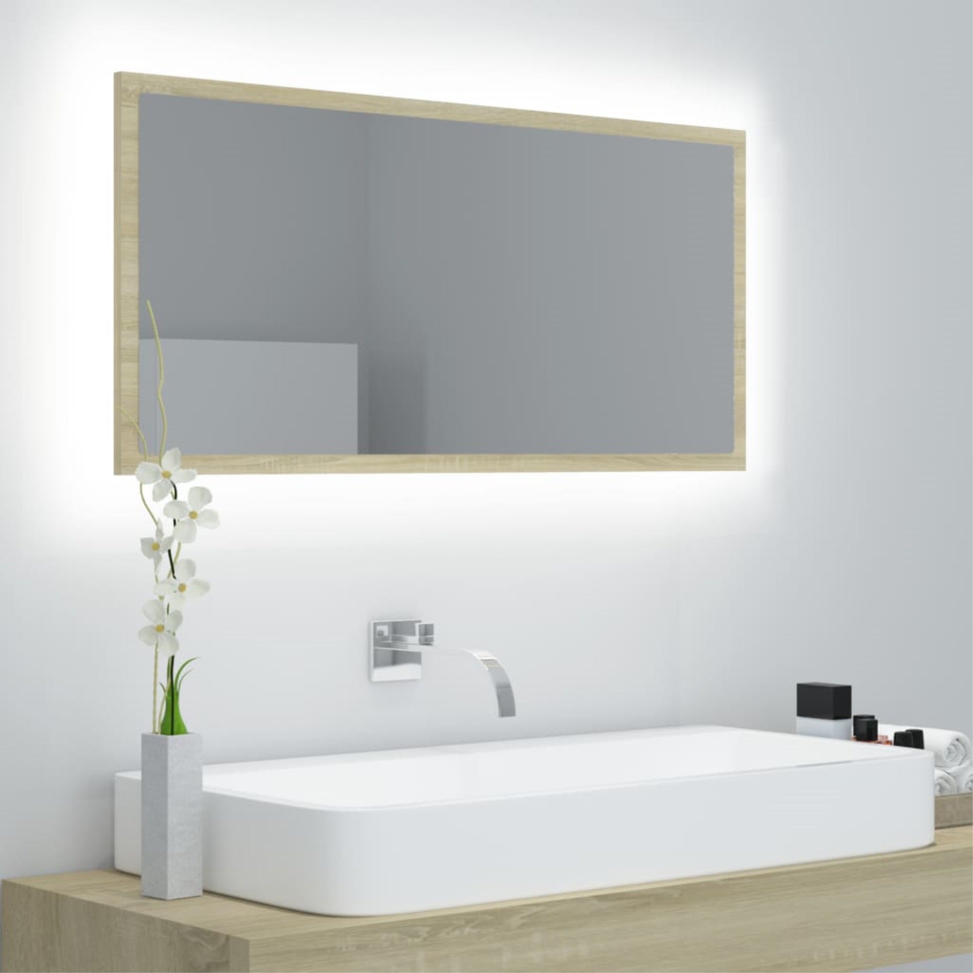 Vidaxl Led Bathroom Mirror Sonoma Oak 35.4'X3.3'X14.6' Chipboard