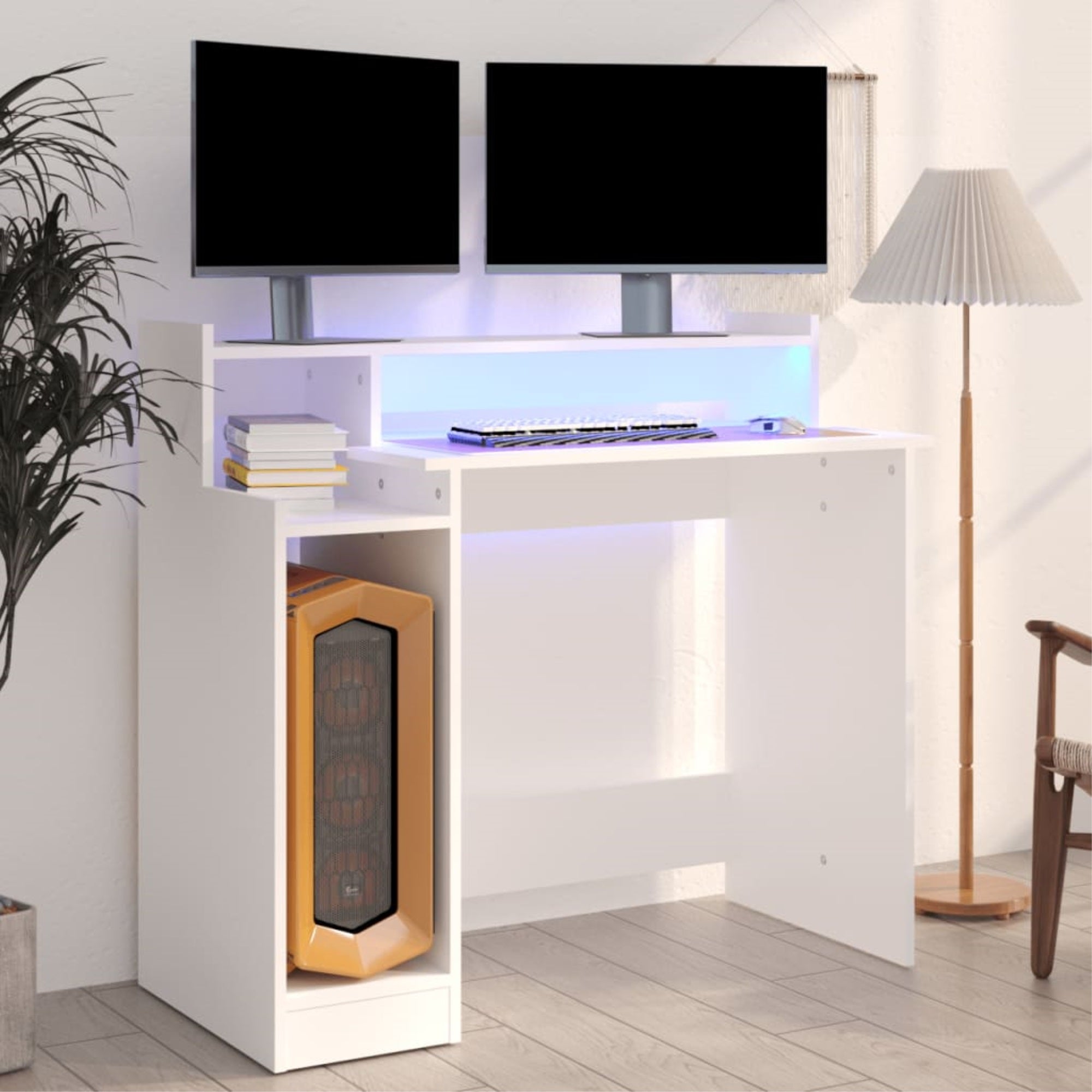 vidaXL Desk with LED Lights White 38.2″x17.7″x35.4″ Engineered Wood