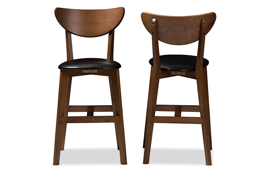 Baxton Studio Eline Mid-Century Modern Black Faux Leather Upholstered Walnut Finished Counter Stool (Set Of 2)