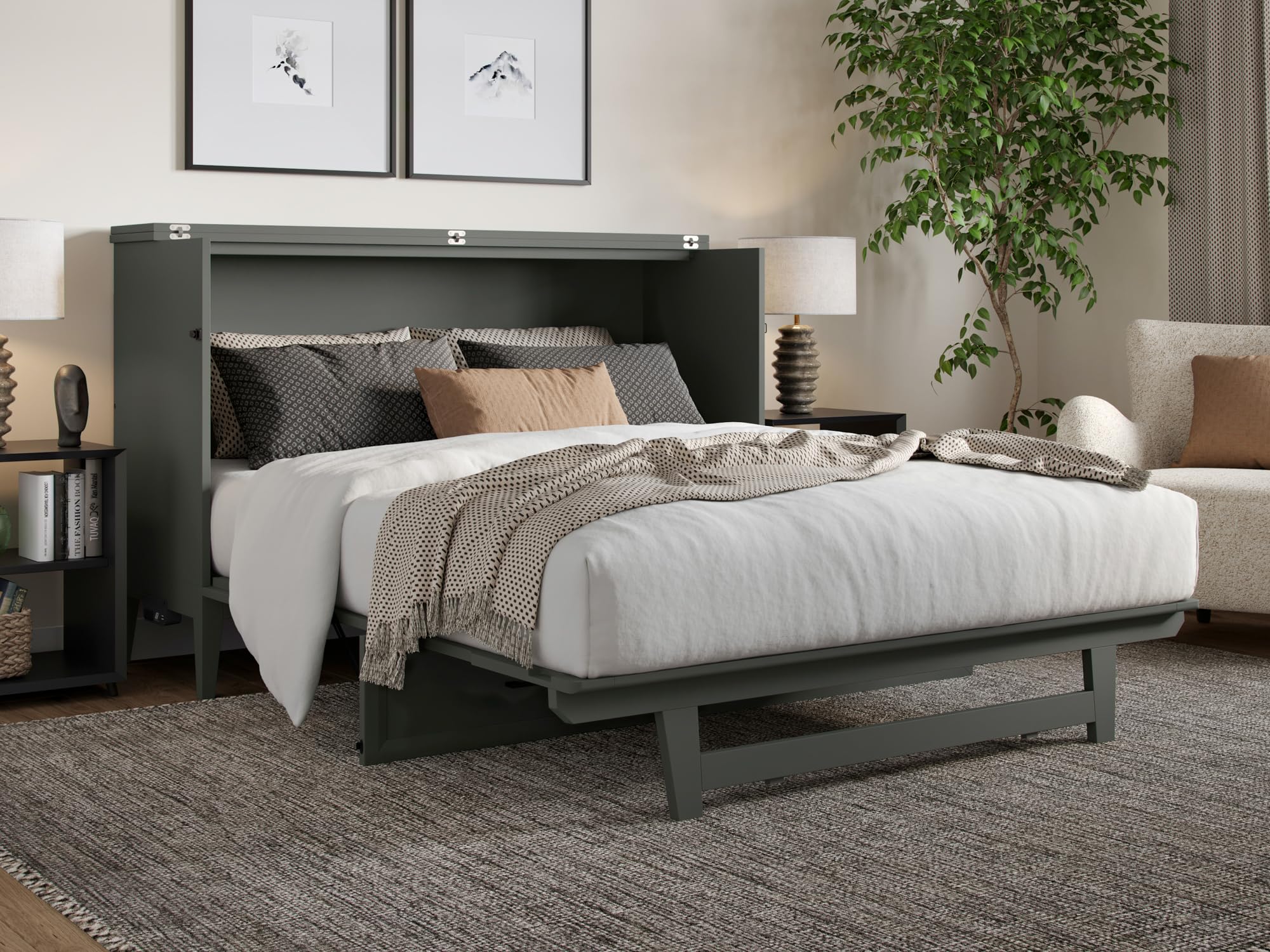 Santa Fe Queen Solid Wood Murphy Bed Chest with Mattress and Built-in Charger in Grey