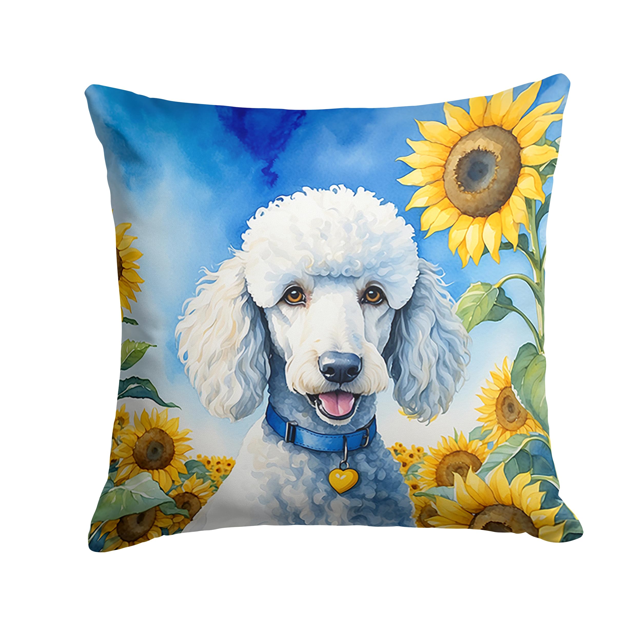 White Poodle in Sunflowers Throw Pillow