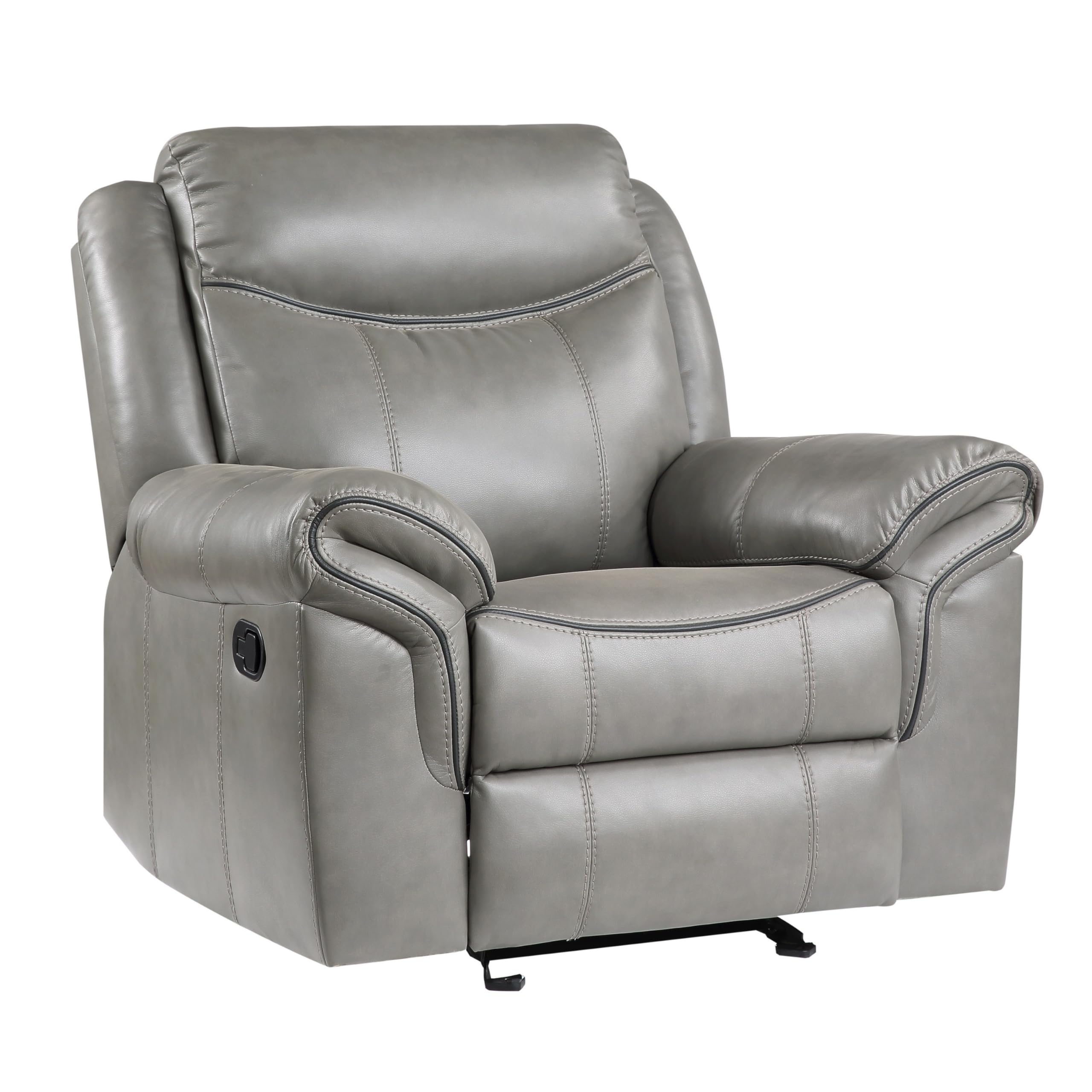 Max 42 Inch Manual Recliner Chair, Gray Faux Leather, Solid Wood, Metal