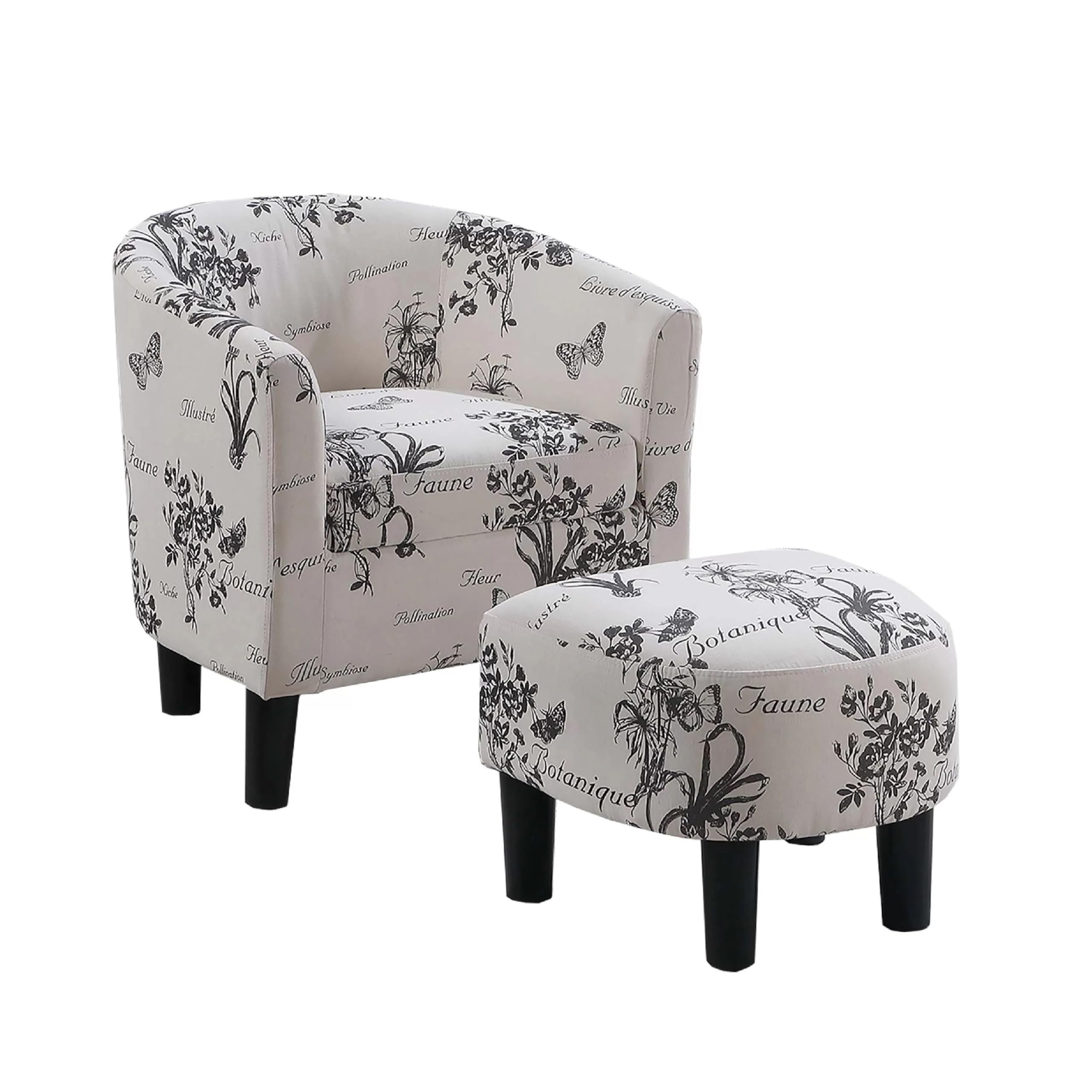 Beua 2pc Accent Chair and Ottoman Set, White and Black Script Print