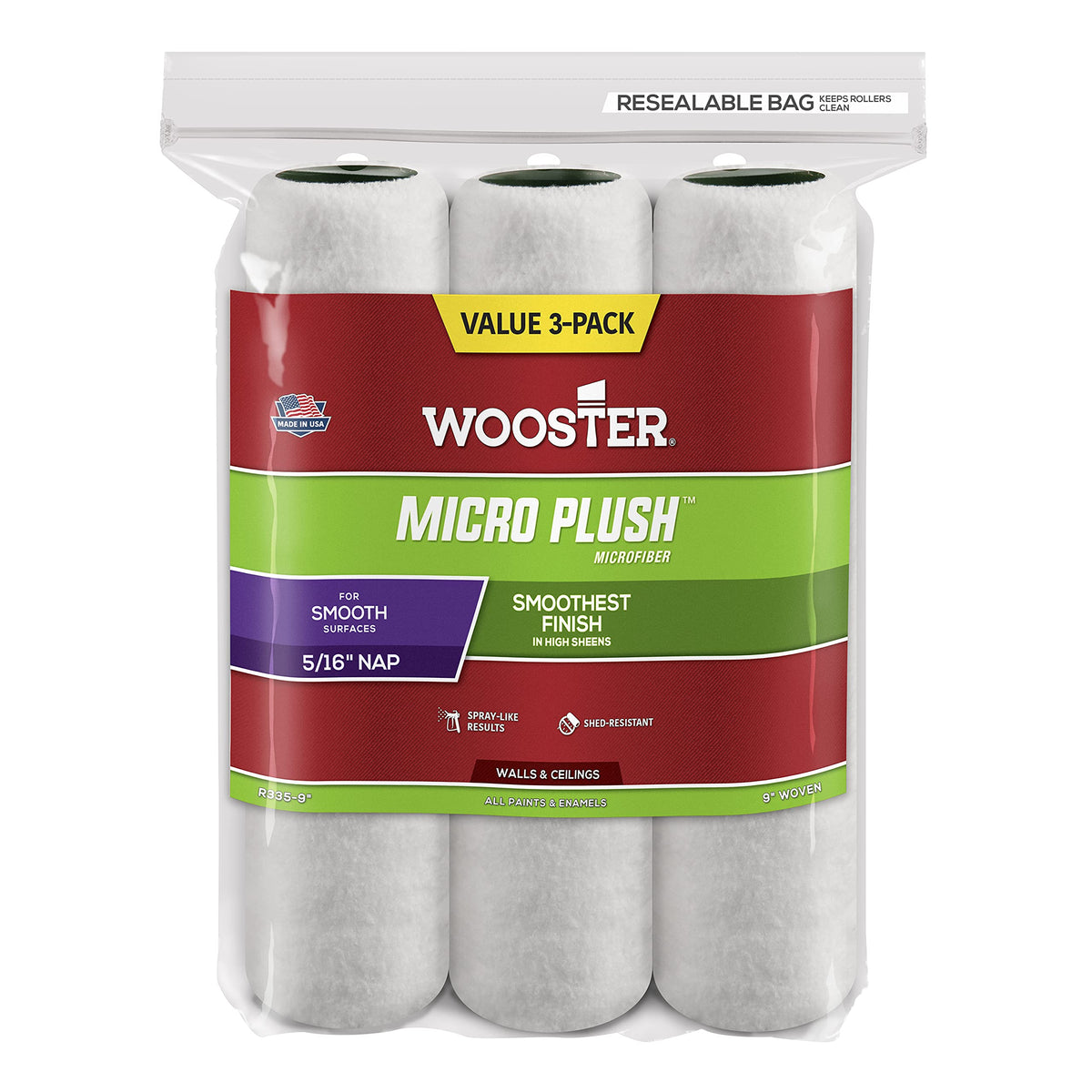 Wooster R335-9 Micro Plush Roller Cover With 5/16 Nap (3 Pack), 9 Inches, White
