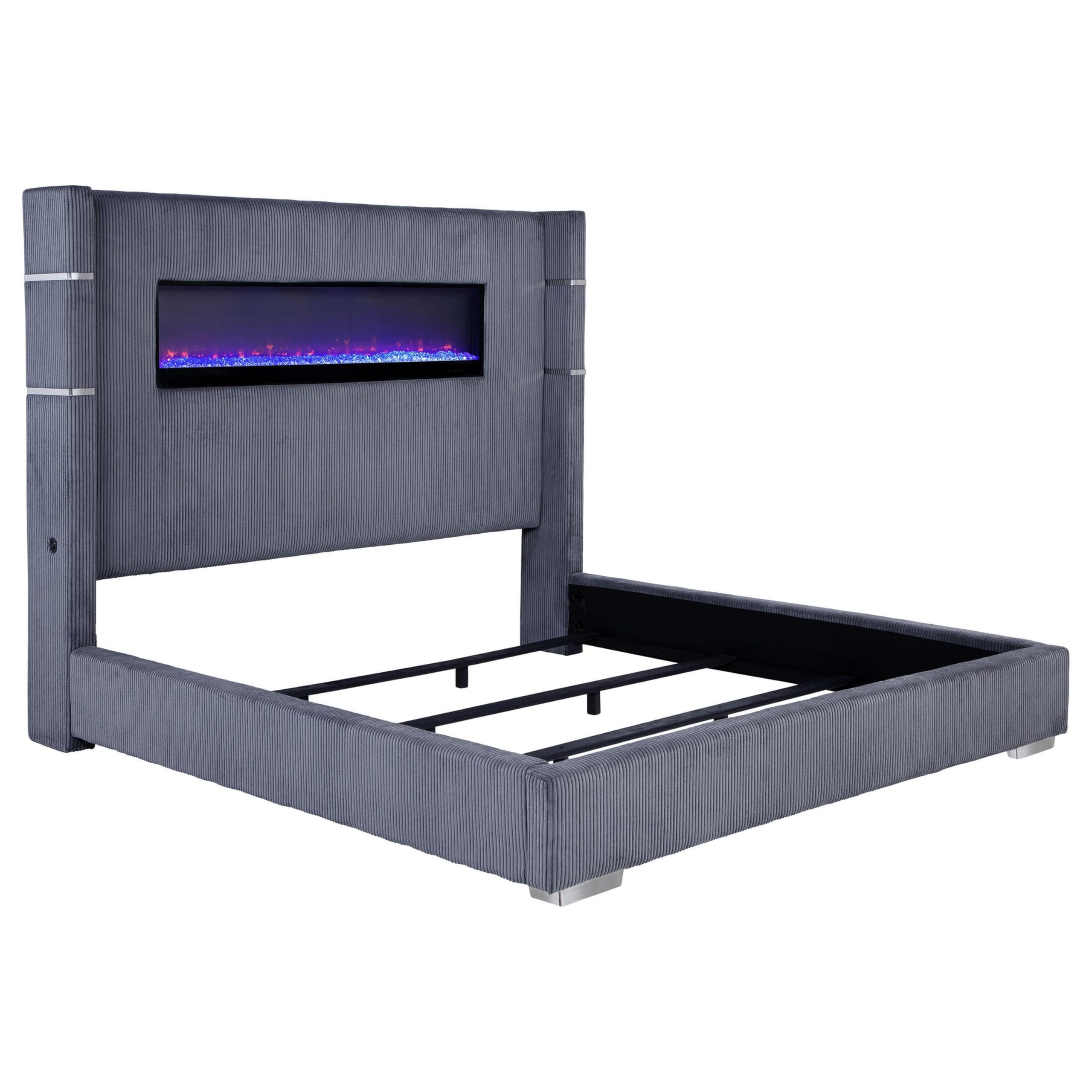 Caro King Bed, Wingback Panel w LED Flame, Gray Corduroy Upholstery