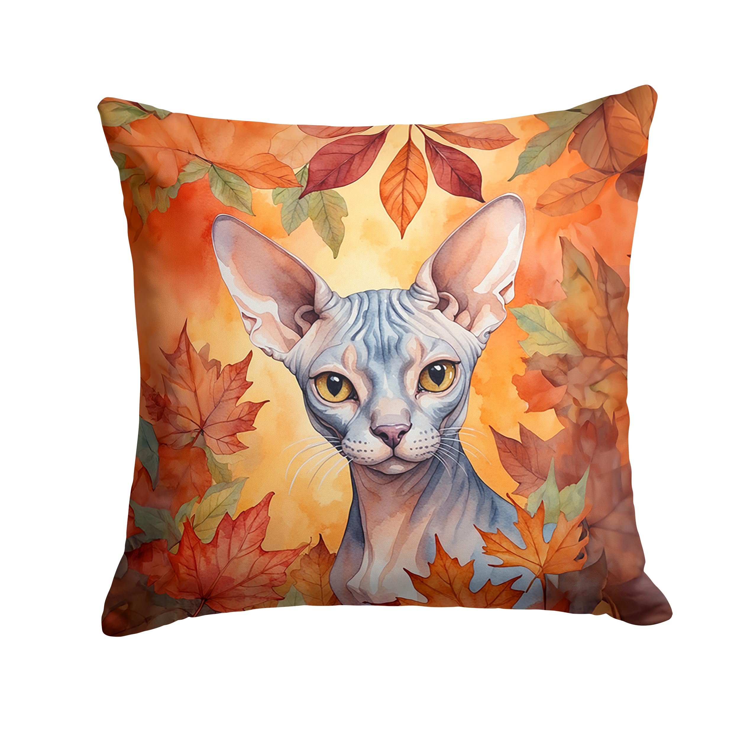 Carolines Treasures Sphynx Cat in Fall Leaves Throw Pillow Machine Washable, Indoor Outdoor Decorative Pillow for Couch, Bed or Patio, 18Hx18W