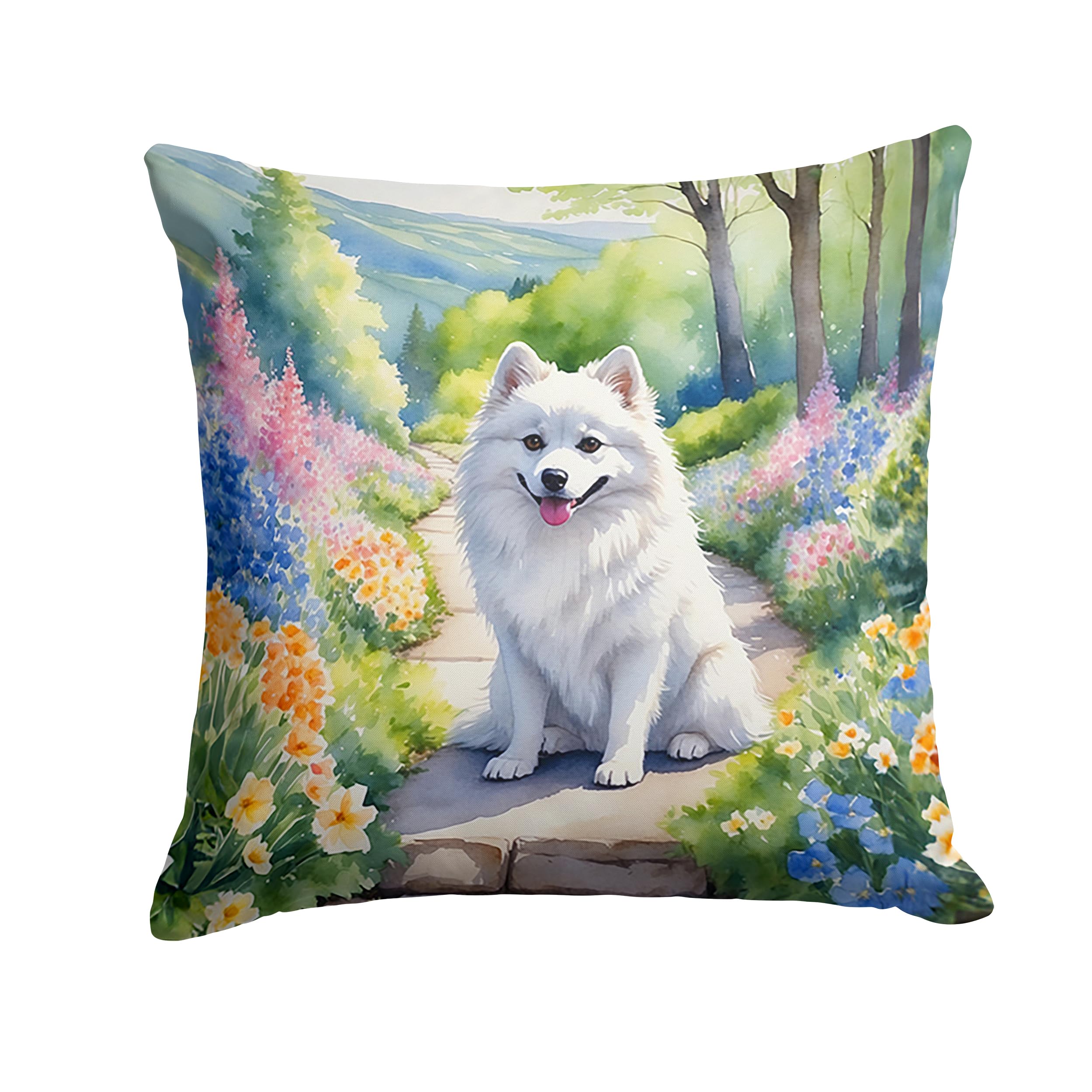 Carolines Treasures American Eskimo Spring Garden Throw Pillow Machine Washable, Indoor Outdoor Decorative Pillow for Couch, Bed or Patio, 18Hx18W
