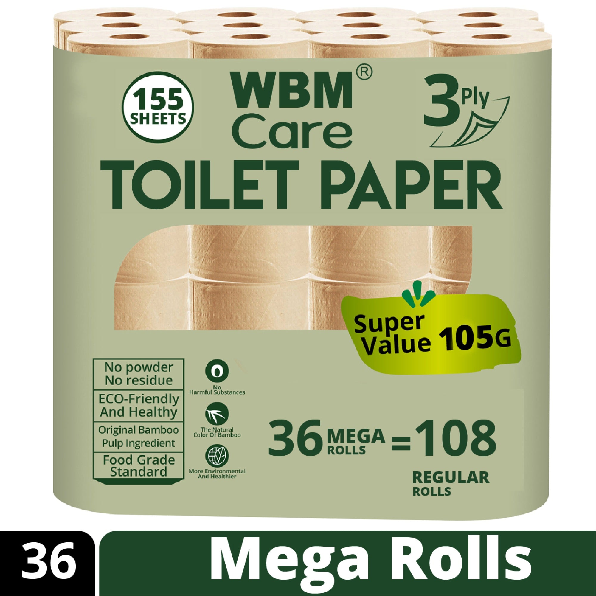 Bamboo Toilet Roll-Pack Of 36