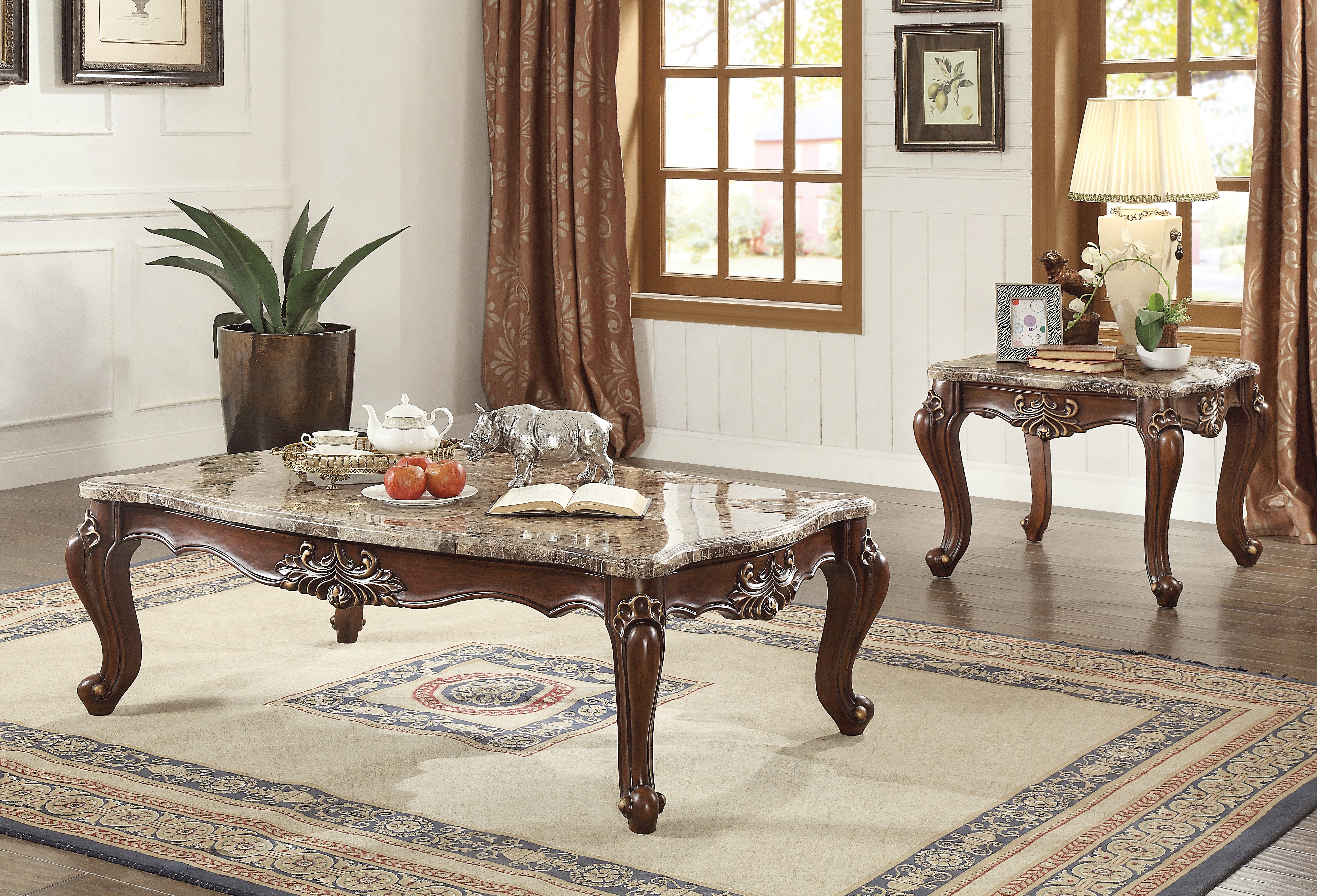 Yardlio Shalisa Coffee Table Marble & Walnut - Scalloped Top, Floral Motifs, Queen Anne Legs - Occasional Table