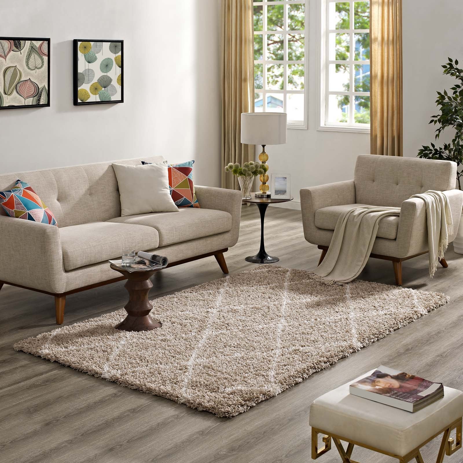 Toryn Diamond Lattice 5x8 Shag Area Rug - Beige and Ivory
