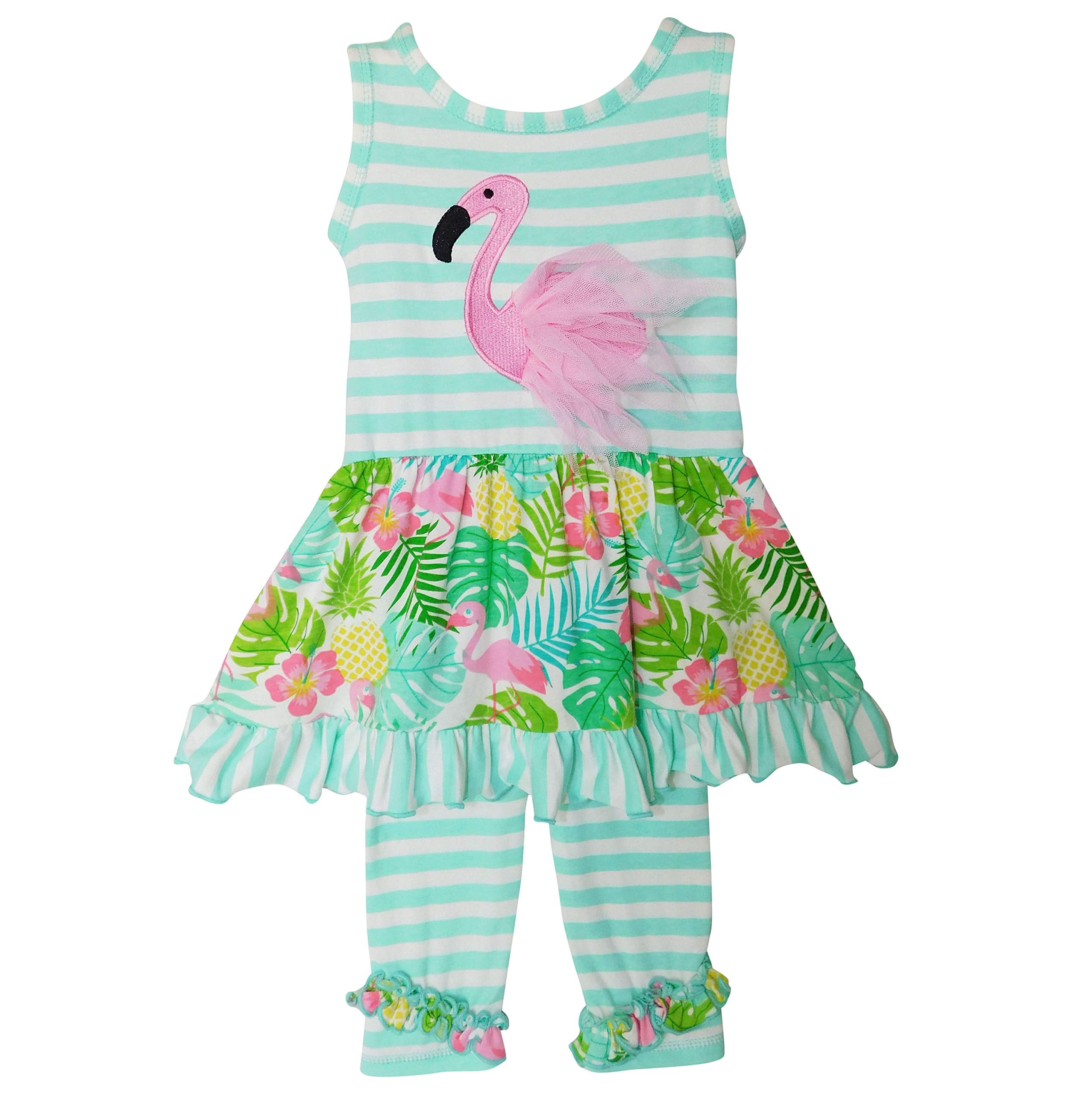 AnnLoren Big Little Toddler Girls Pink Flamingo Palm Tree Dress & Capri Childrens Cruise Wear Outfit