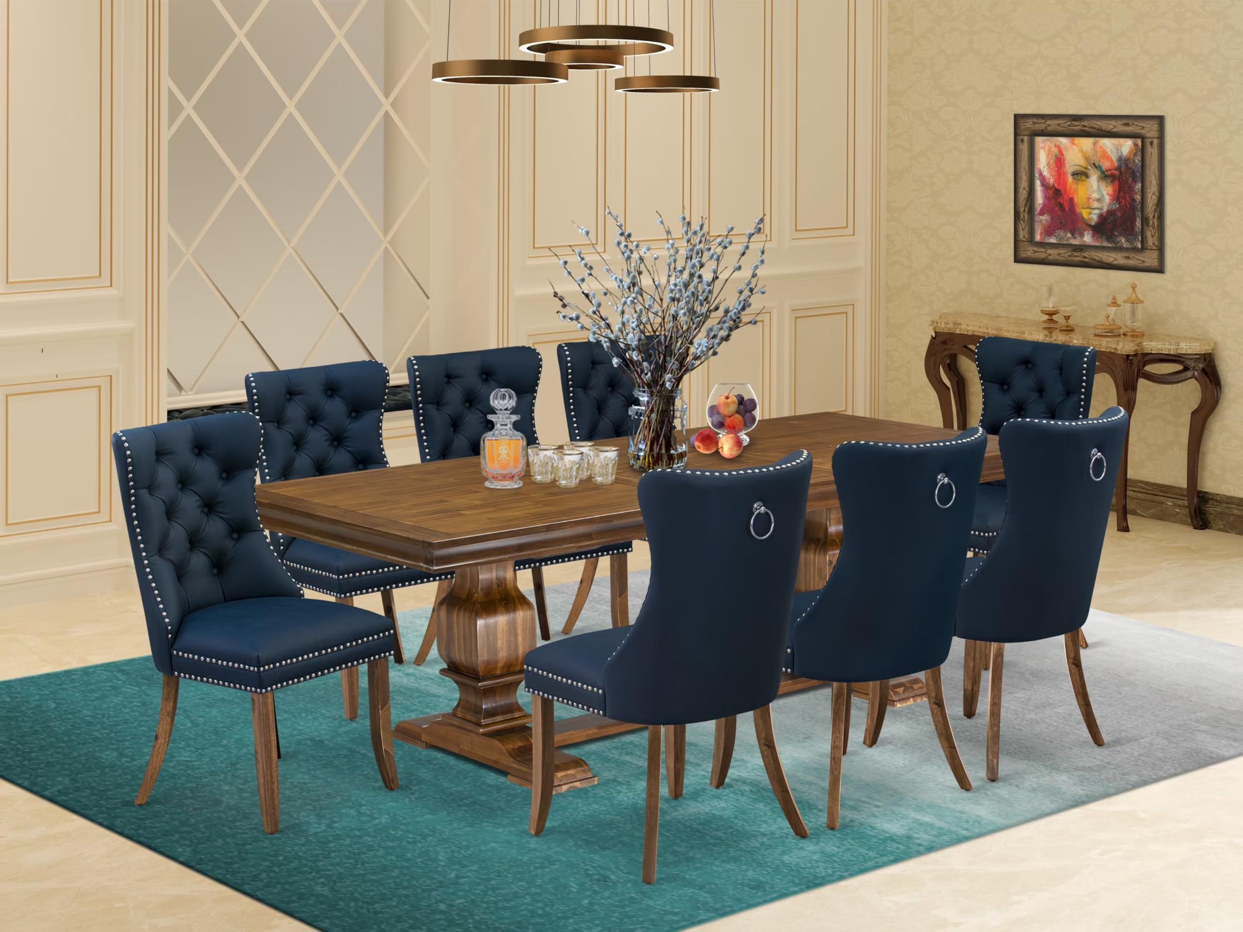 9 Pieces Dining Table Set a Rectangle Table and 8 Dining Chairs, Antique Walnut