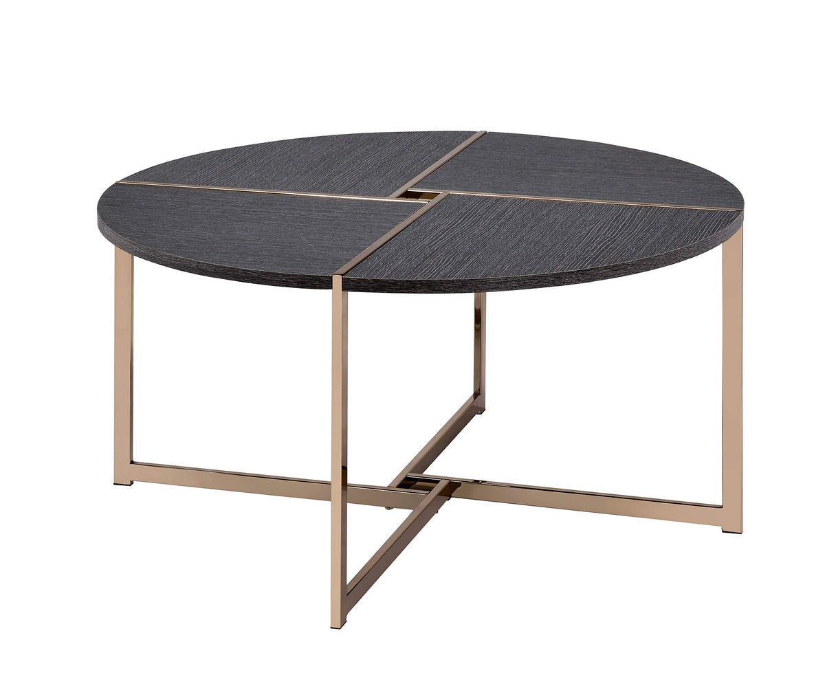 Benjara Coffee Table With X Shaped Metal Base And Round Wooden Top, Gold And Gray