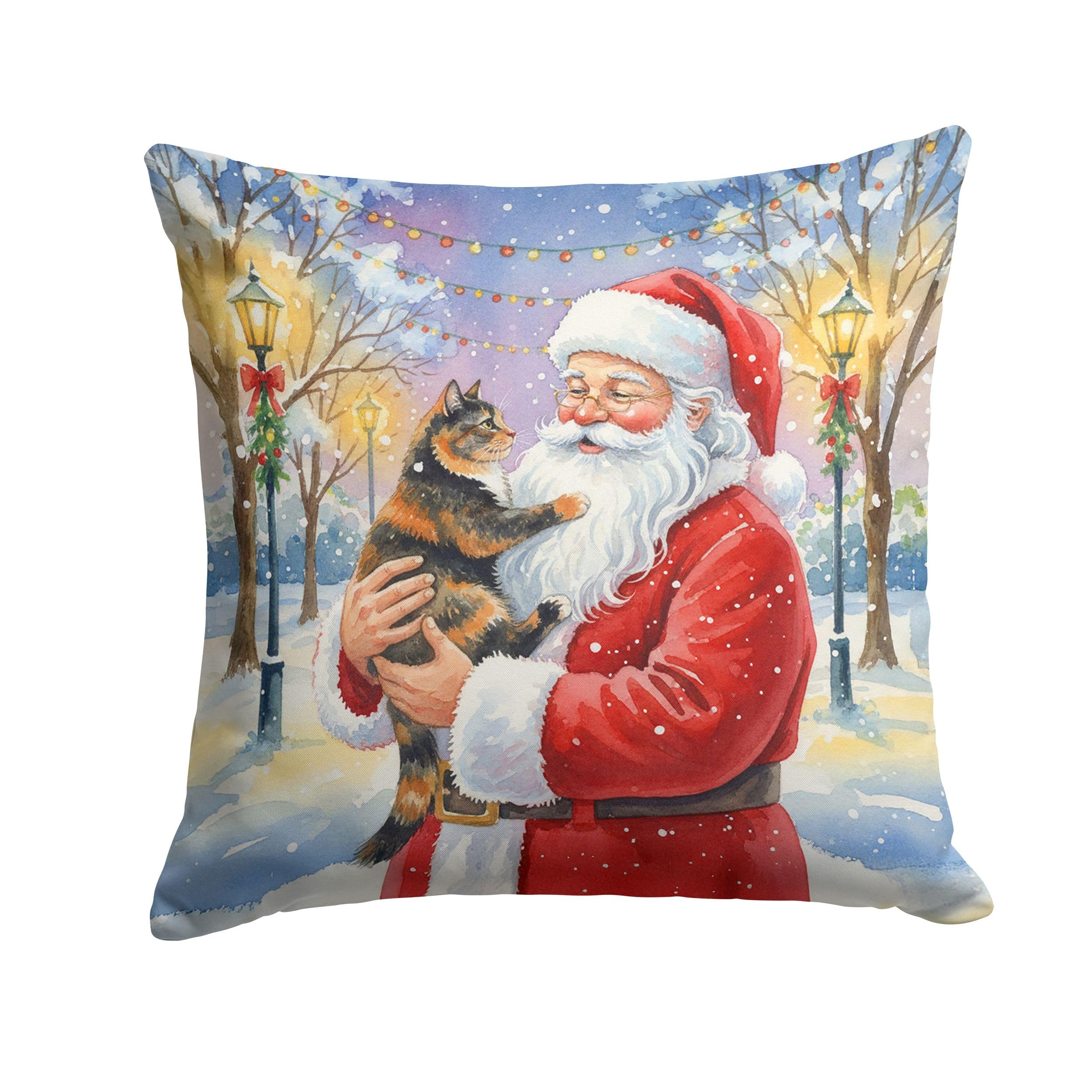 Carolines Treasures Tortoiseshell Cat with Santa Claus Throw Pillow Decorative Indoor Outdoor Accent Cushion for Couch, Bed or Patio, 14Hx14W