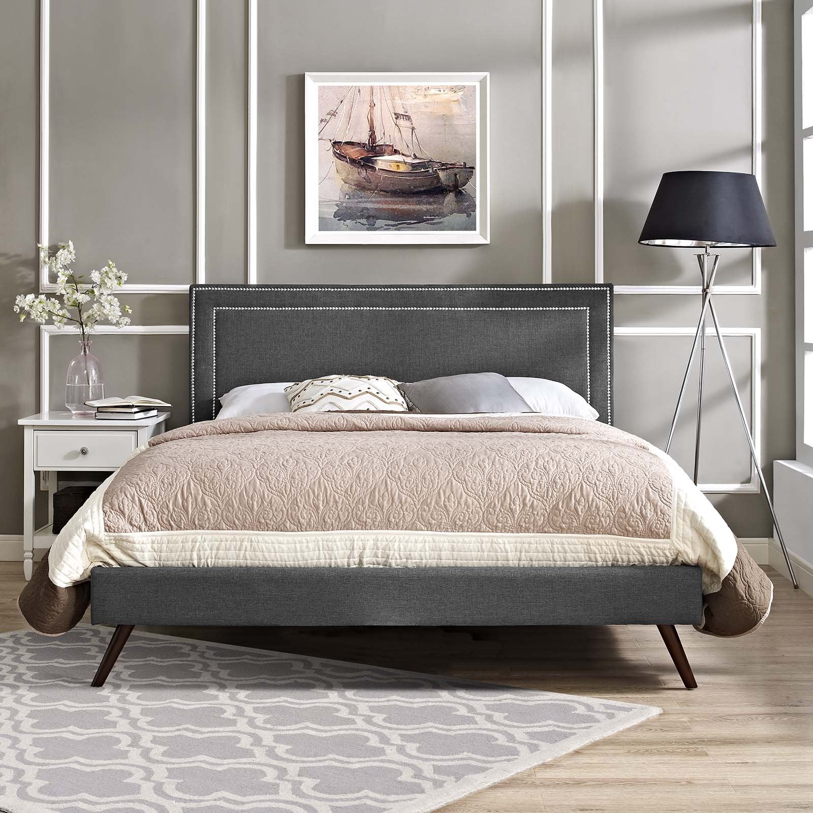 Virginia Twin Fabric Platform Bed with Round Splayed Legs - Azure