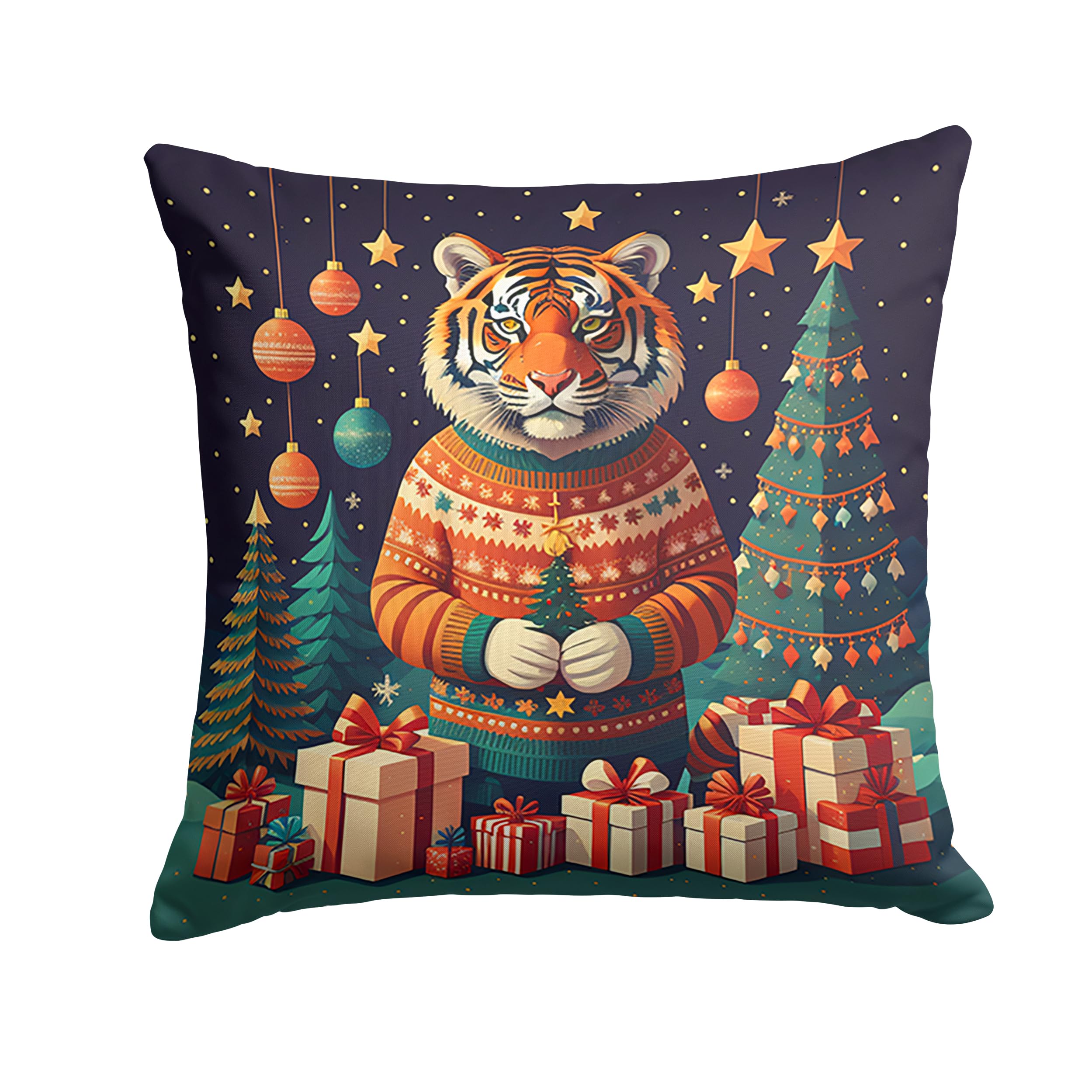 Carolines Treasures DAC1205PW1818 Tiger Christmas Fabric Decorative Pillow Machine Washable, Indoor Outdoor Decorative Pillow for Couch, Bed or Patio, 18Hx18W