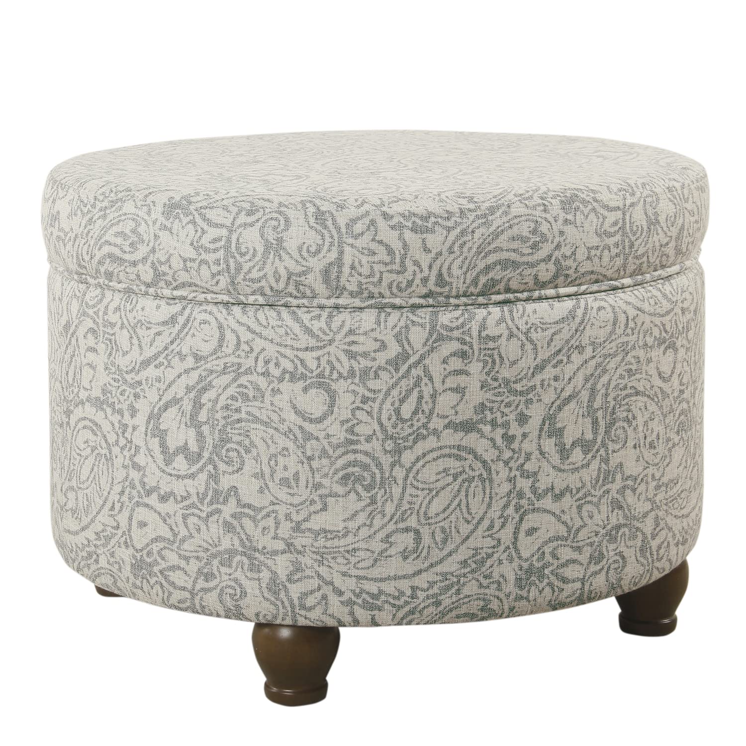 Paisley Floral Pattern Fabric Upholstered Wooden Ottoman with Hidden Storage, Gray and Cream