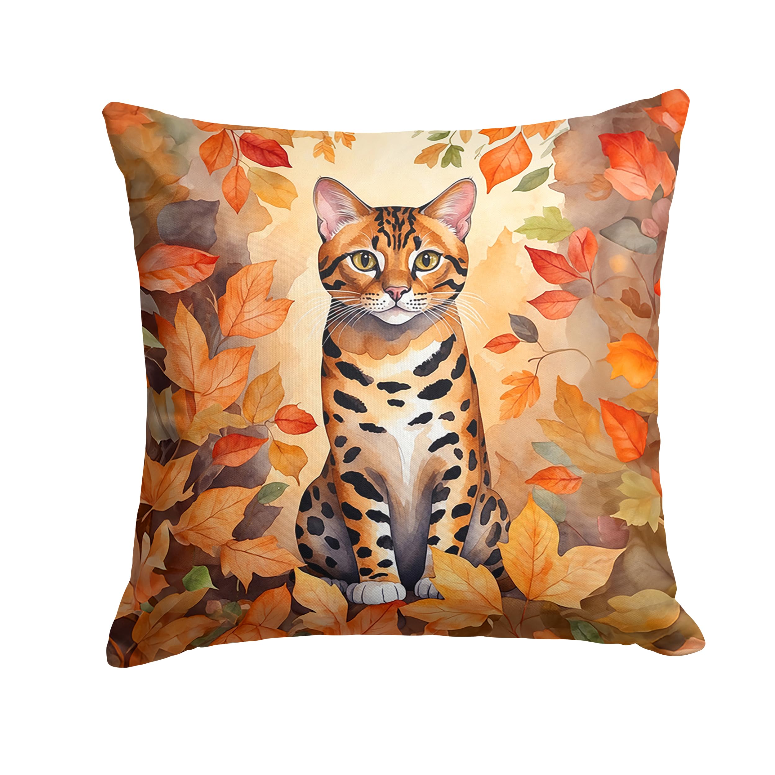 Carolines Treasures Bengal Cat in Fall Leaves Throw Pillow Machine Washable, Indoor Outdoor Decorative Pillow for Couch, Bed or Patio, 14Hx14W