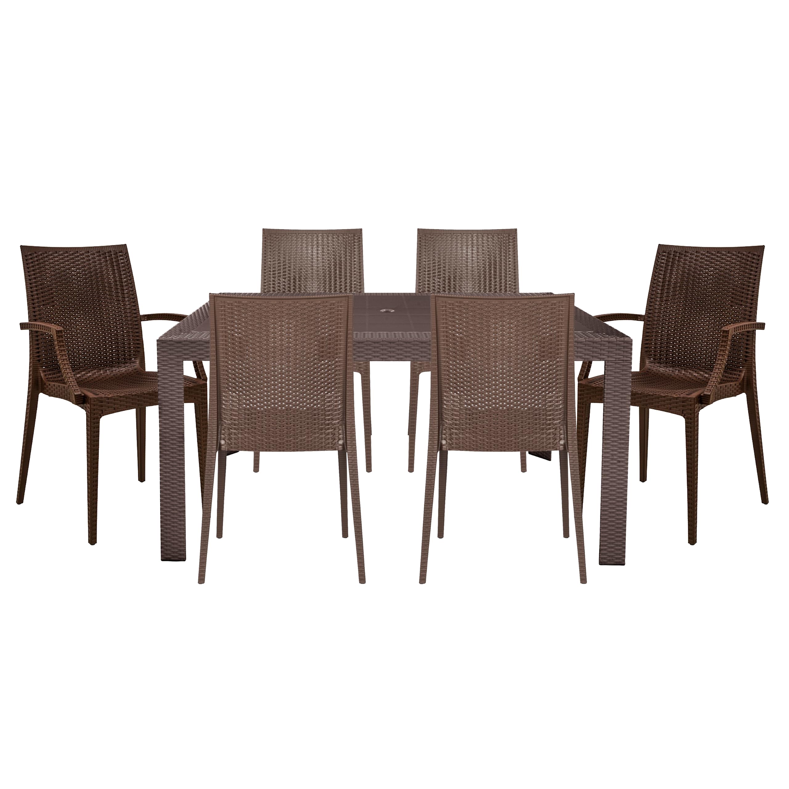 Leisuremod Mace Mid-Century 7-Piece Rectangular Outdoor Dining Set With 4 Side Chairs And 2 Armchairs