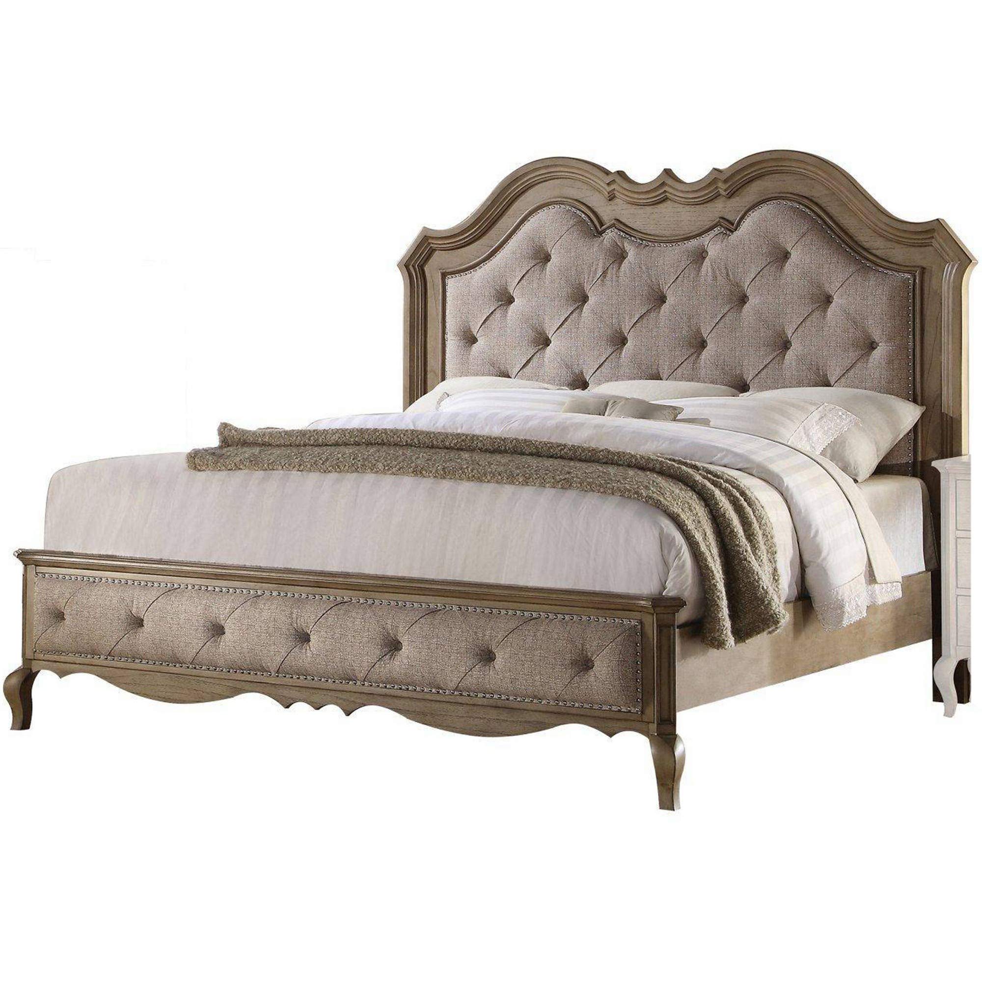 Button Tufted Fabric Eastern King Size Bed with Molded Details, Beige