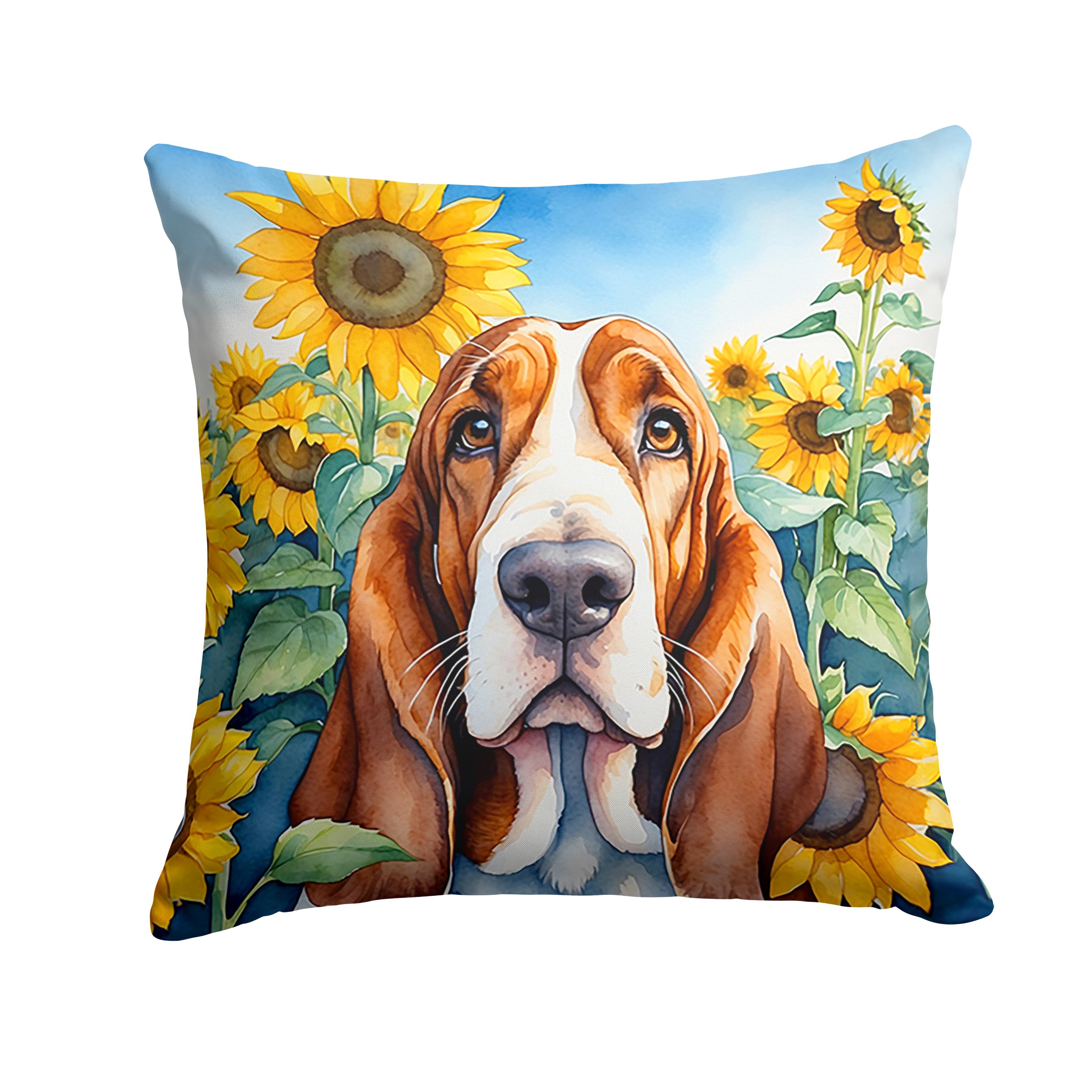 Basset Hound in Sunflowers Throw Pillow