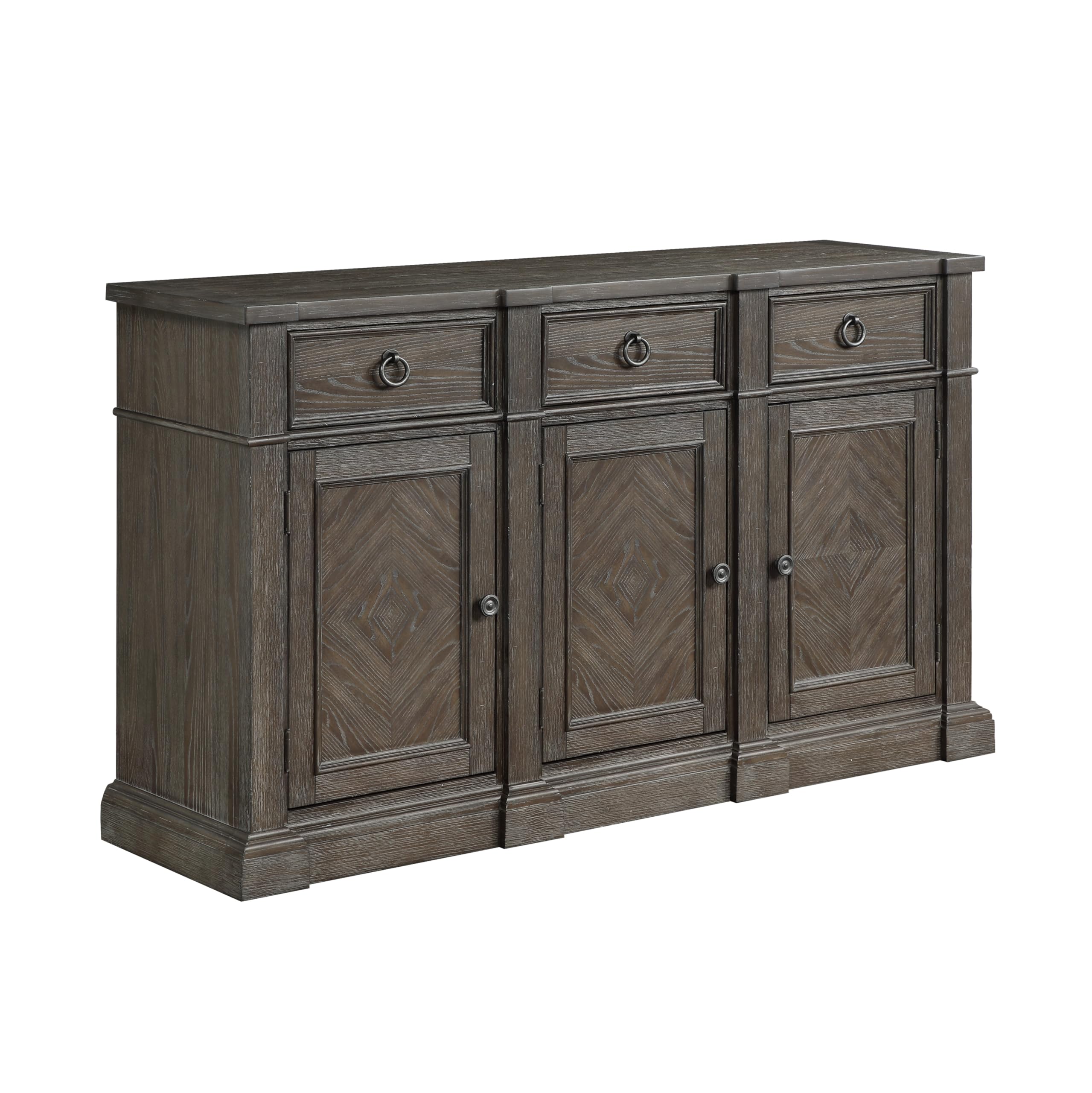 Koa 67 Inch Sideboard Server Console, 3 Beveled Drawers, Driftwood Brown