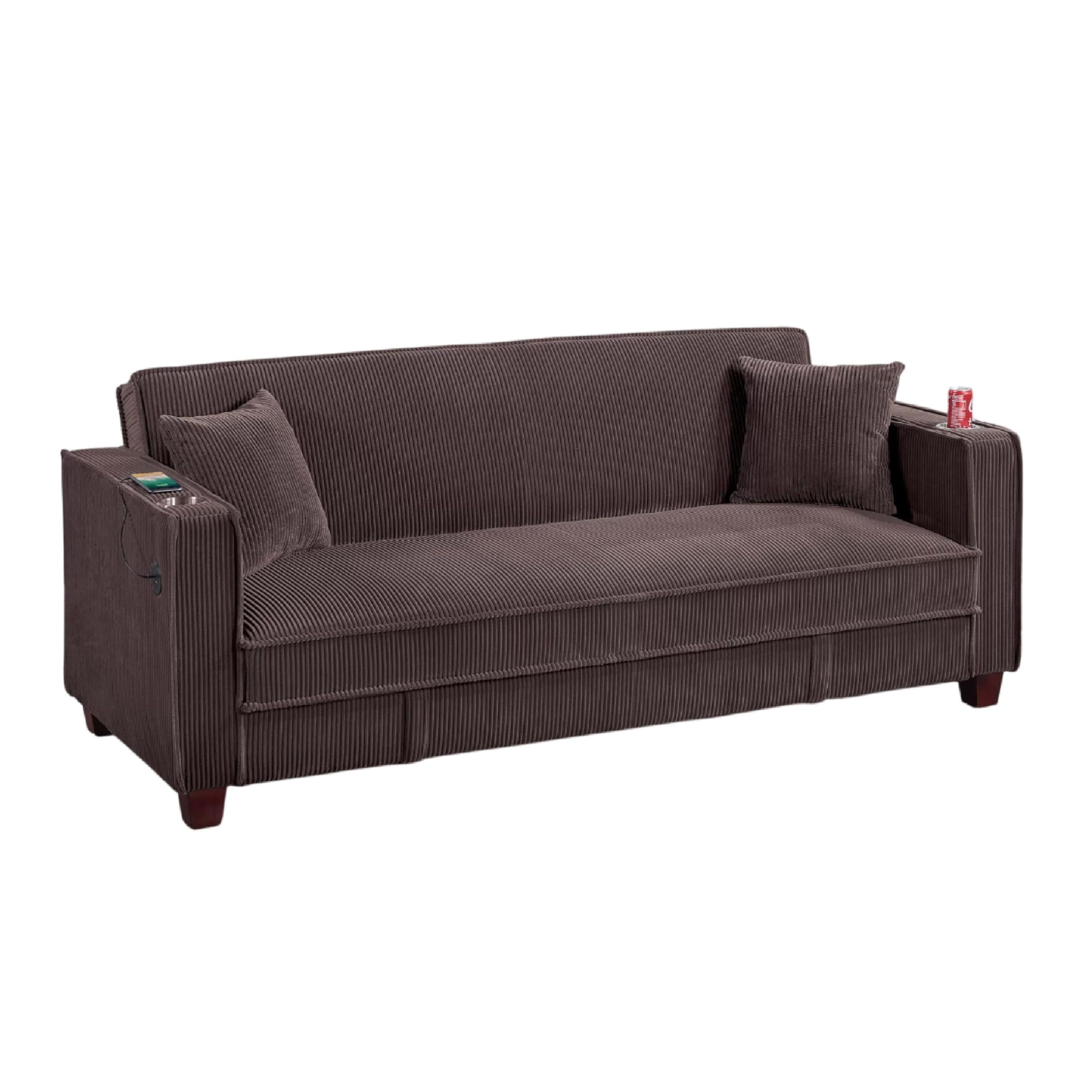 Lucy Sofa Bed with USB Ports, 2 Pillows, Brown Corduroy, Cupholders