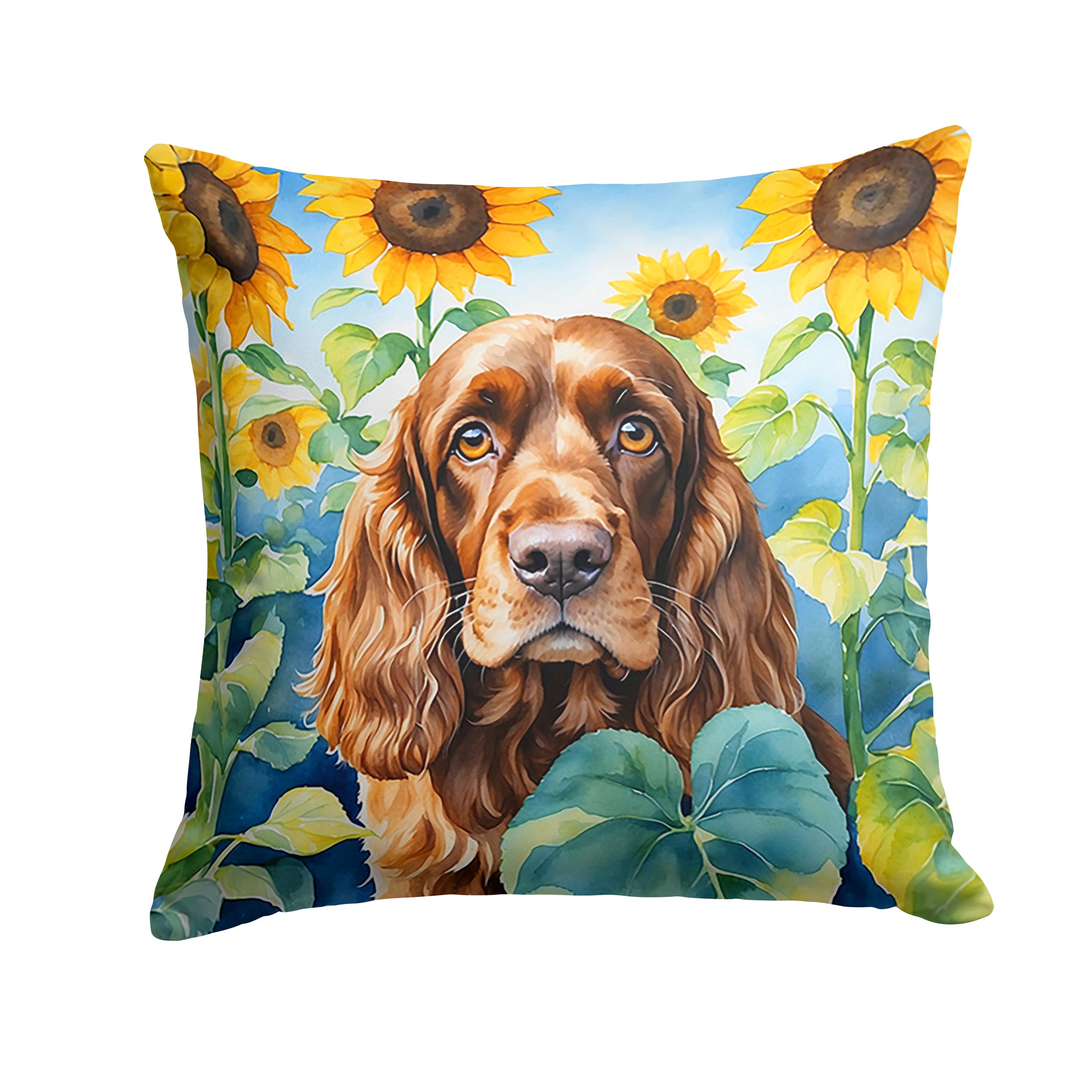 Carolines Treasures in Sunflowers Throw Pillow, 18Hx18W, English Cocker Spaniel 6073