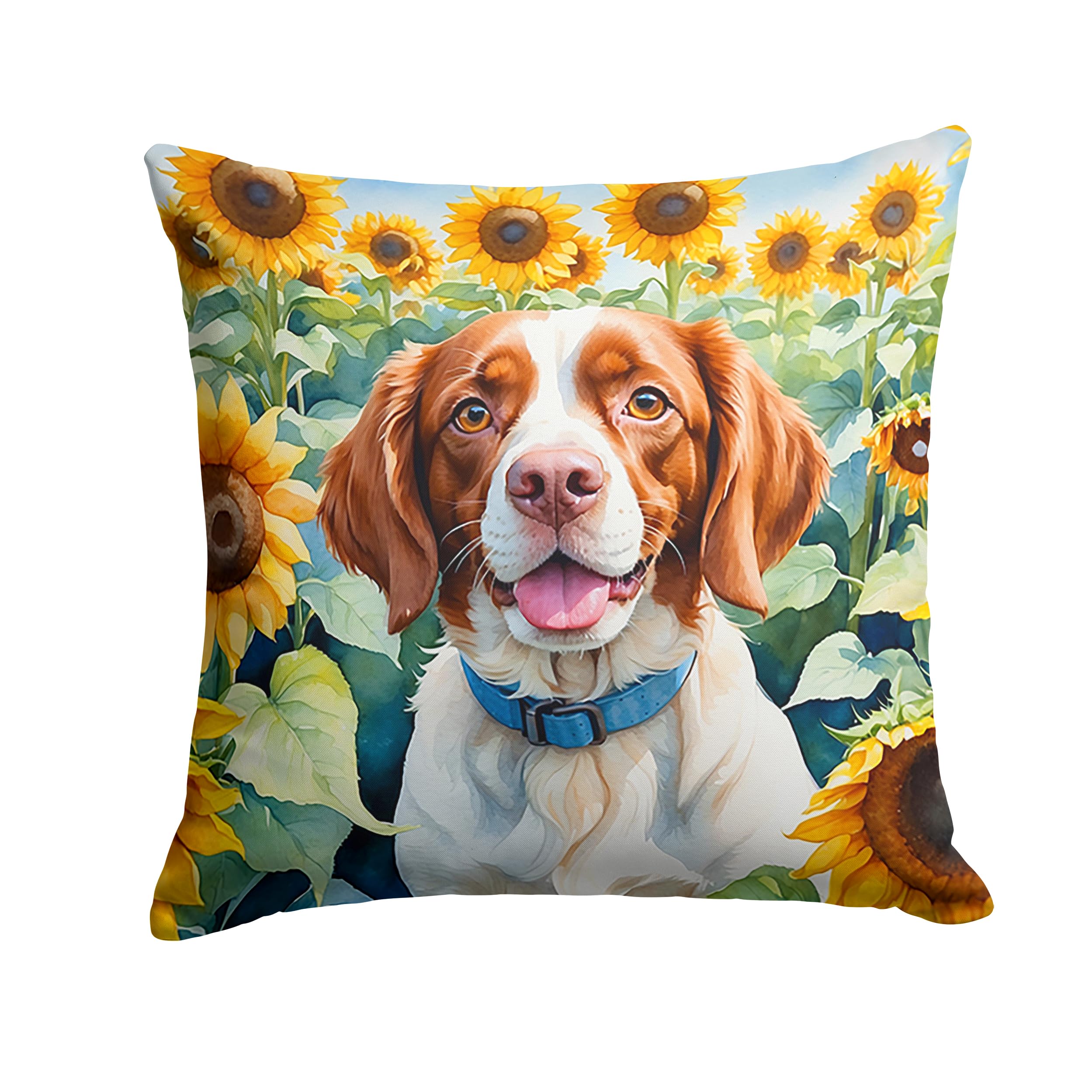 Carolines Treasures in Sunflowers Throw Pillow, 18Hx18W, Brittany Spaniel 6040