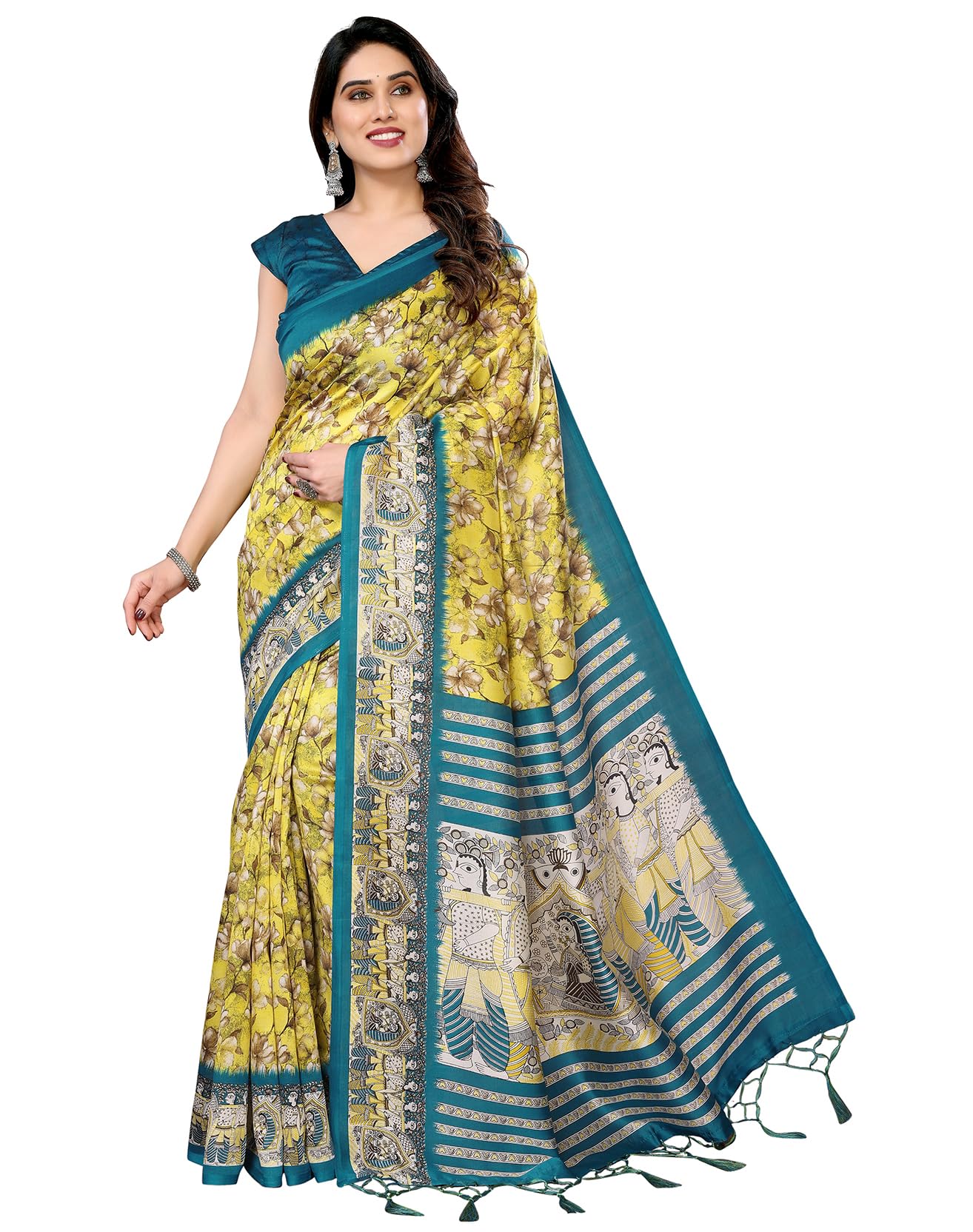 Yashika Women's Printed Kalamkari Art Silk Saree With Tassels and Unstitched Blouse Material (AZ-YS-P1-SUBILA YELLOW JHALAR)