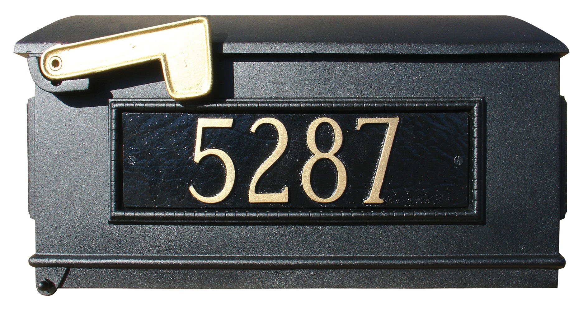 Lewiston Mailbox post system with Bayview Solar Lamp, 3 cast aluminum personalized address plates and decorative fluted base