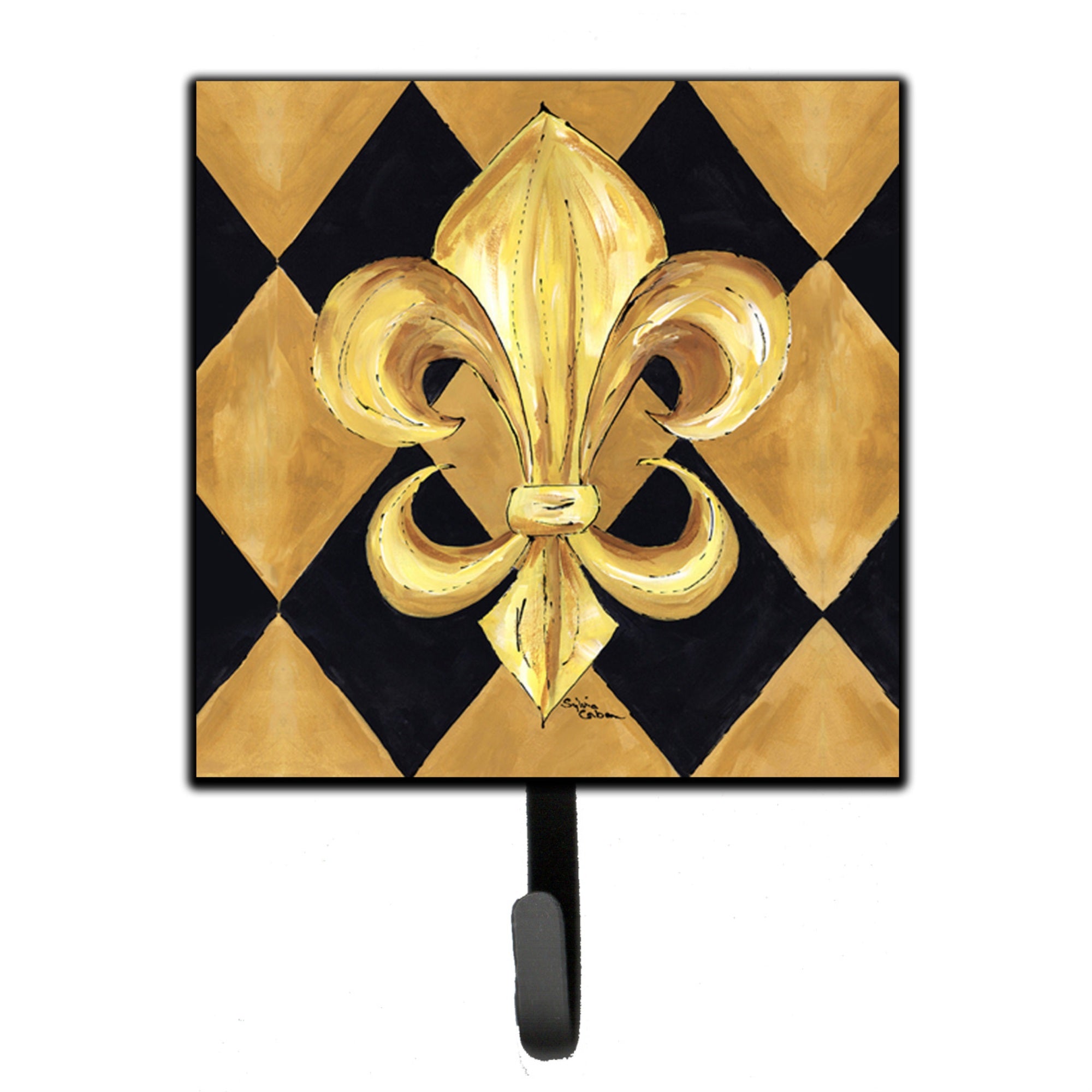 Caroline'S Treasures 8125Sh4 Black And Gold Fleur De Lis New Orleans Leash Holder Or Key Hook, Small, Multicolor