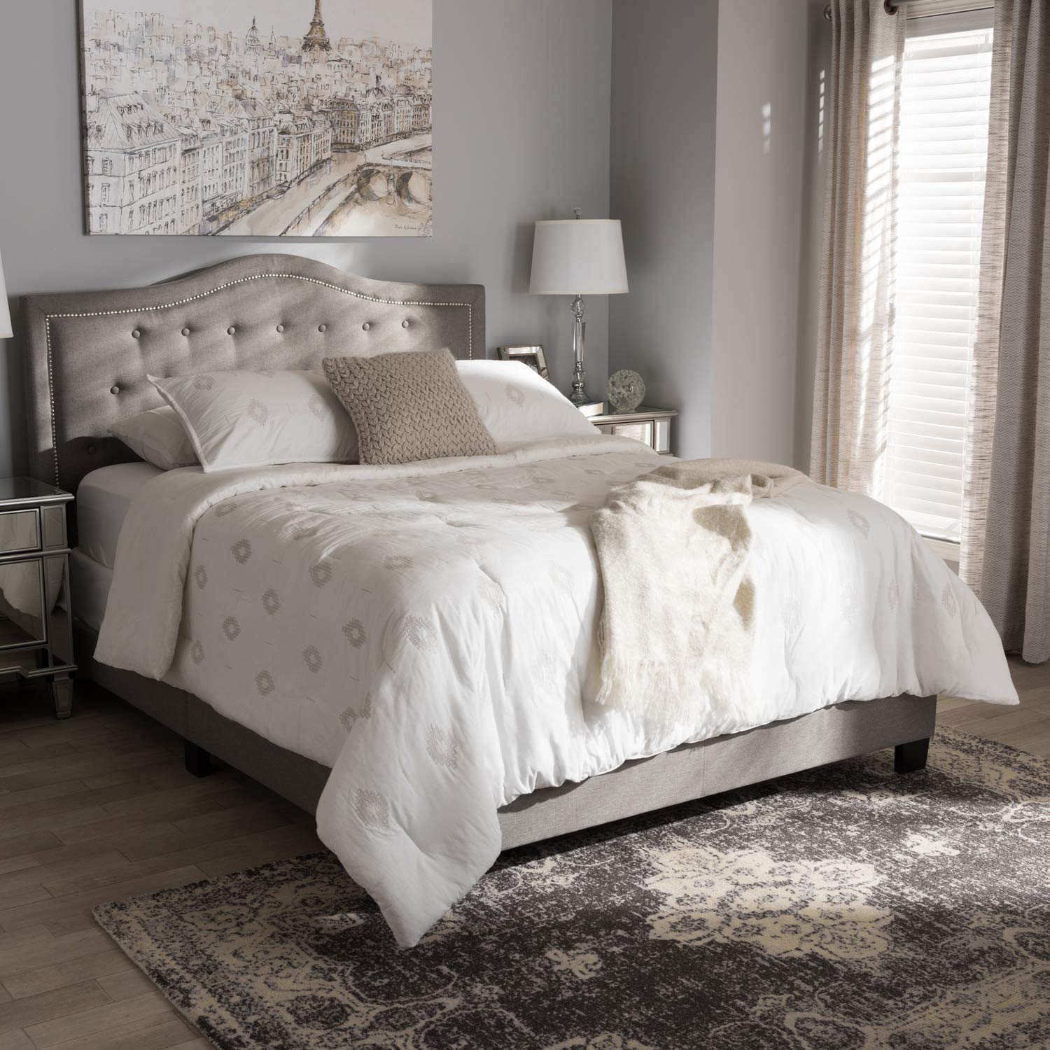 Baxton Studio Emerson Modern And Contemporary Light Grey Fabric Upholstered Queen Size Bed Light Grey/Contemporary/Fabric Polyester 100%'/Rubber Wood/Mdf/Particle Board/Foam