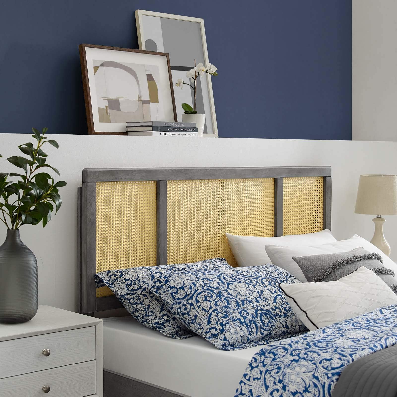 Casafoyer Delmare Cane Woven Rattan Headboard, Full, Gray